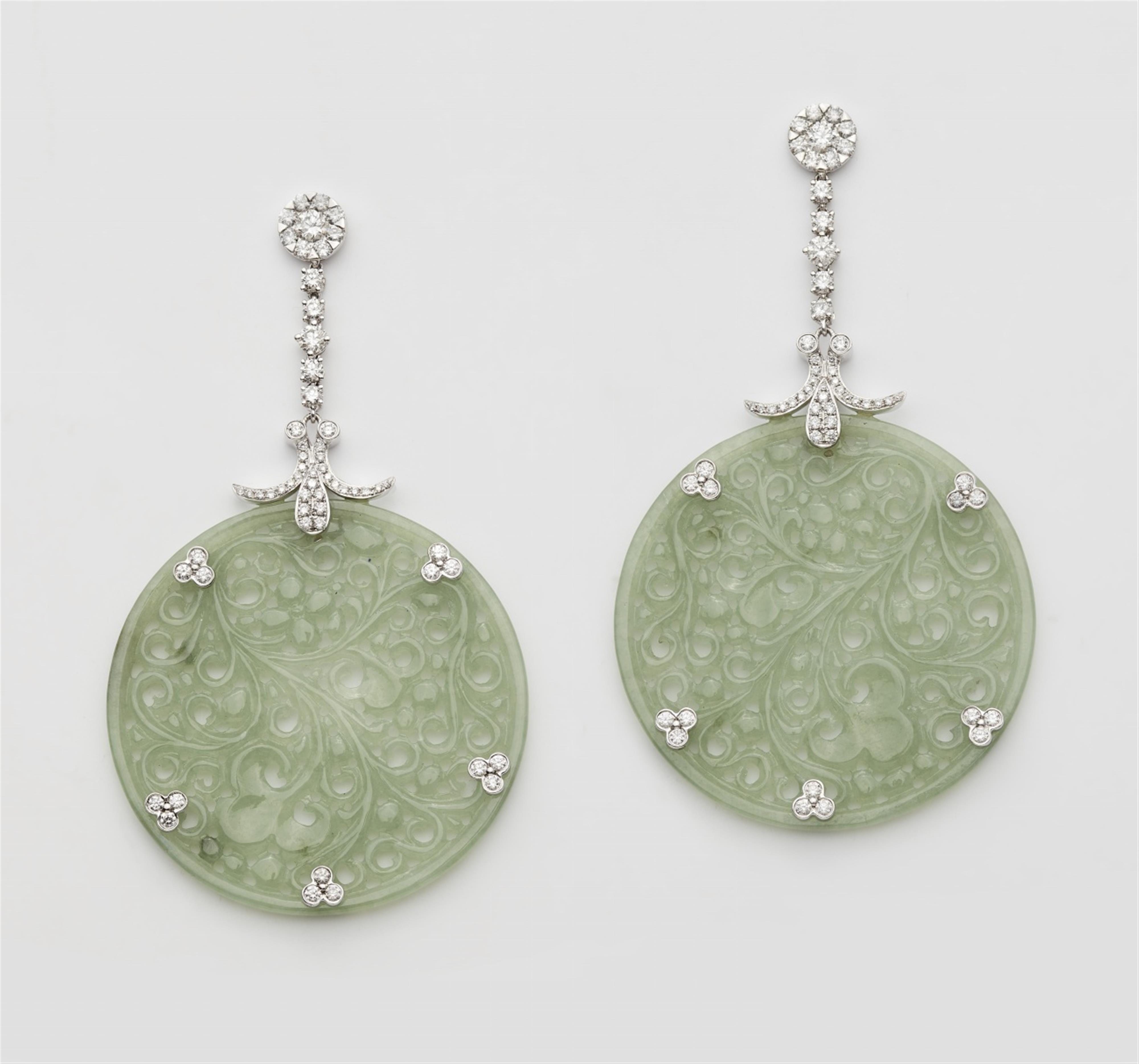 A pair of platinum jade and diamond earrings - image-1