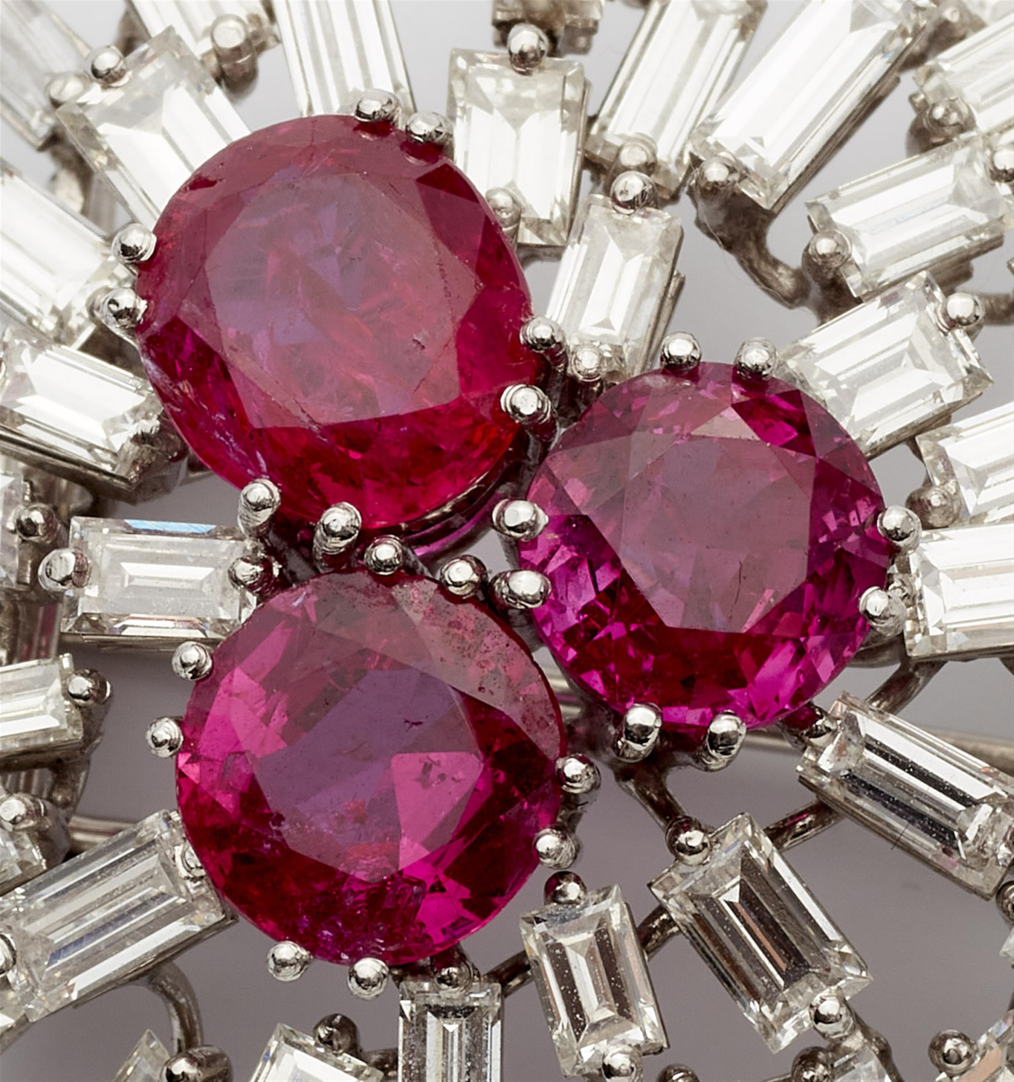 A platinum and diamond clip brooch with three natural Burmese rubies - image-3