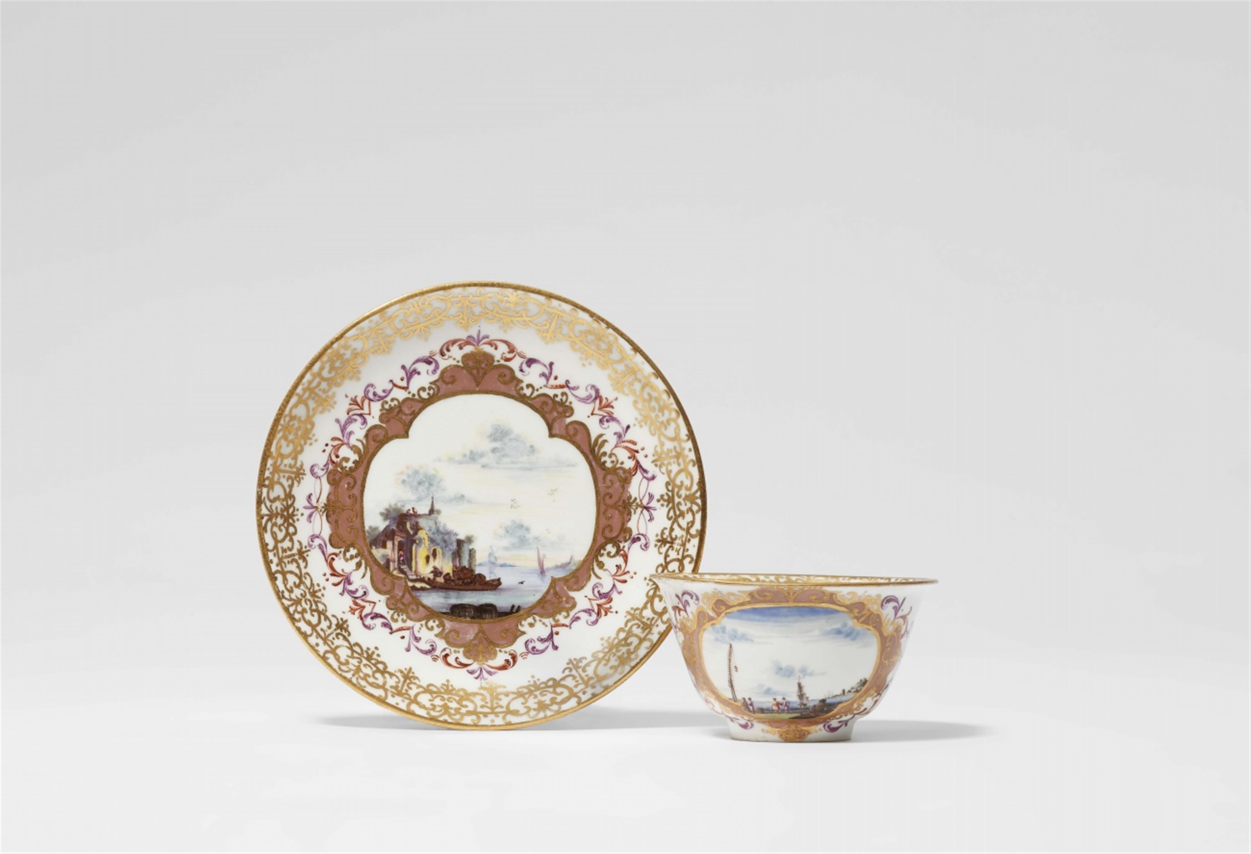 A Meissen porcelain tea bowl and saucer with merchant navy scenes - image-1