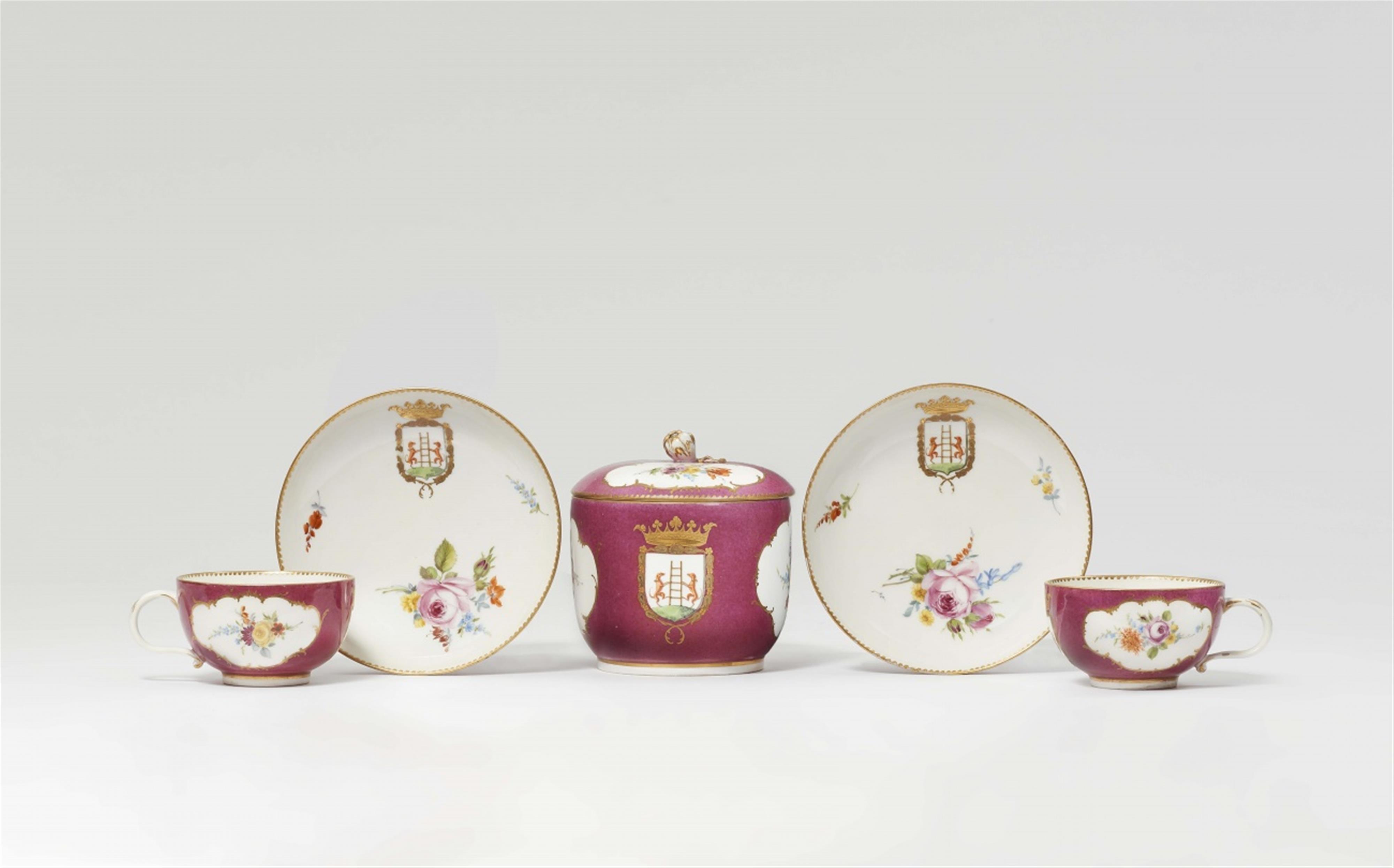 Five items of Meissen porcelain with purple ground and heraldic decor - image-1