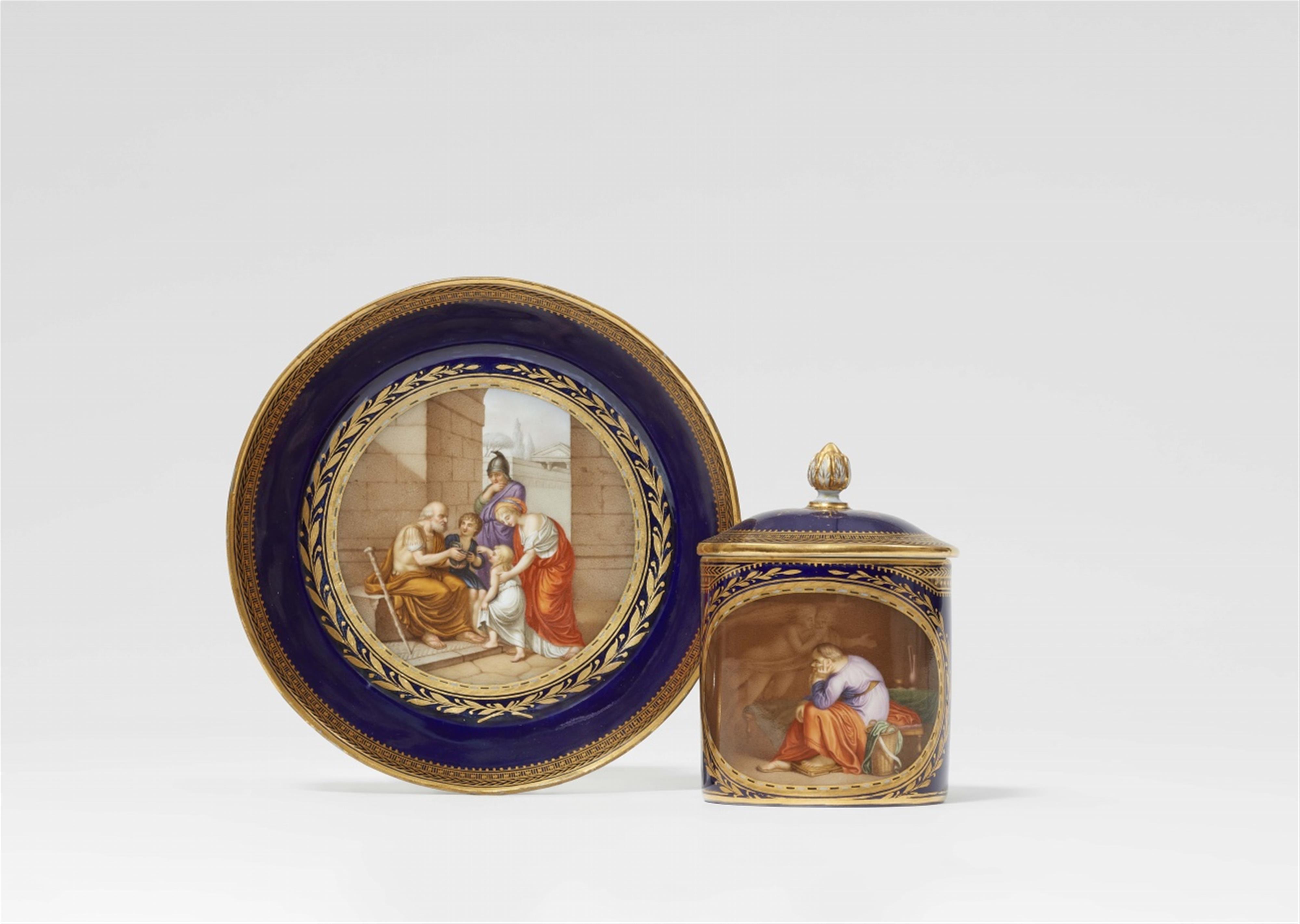A Meissen porcelain cup with Socrates and saucer with Belisarius - image-1
