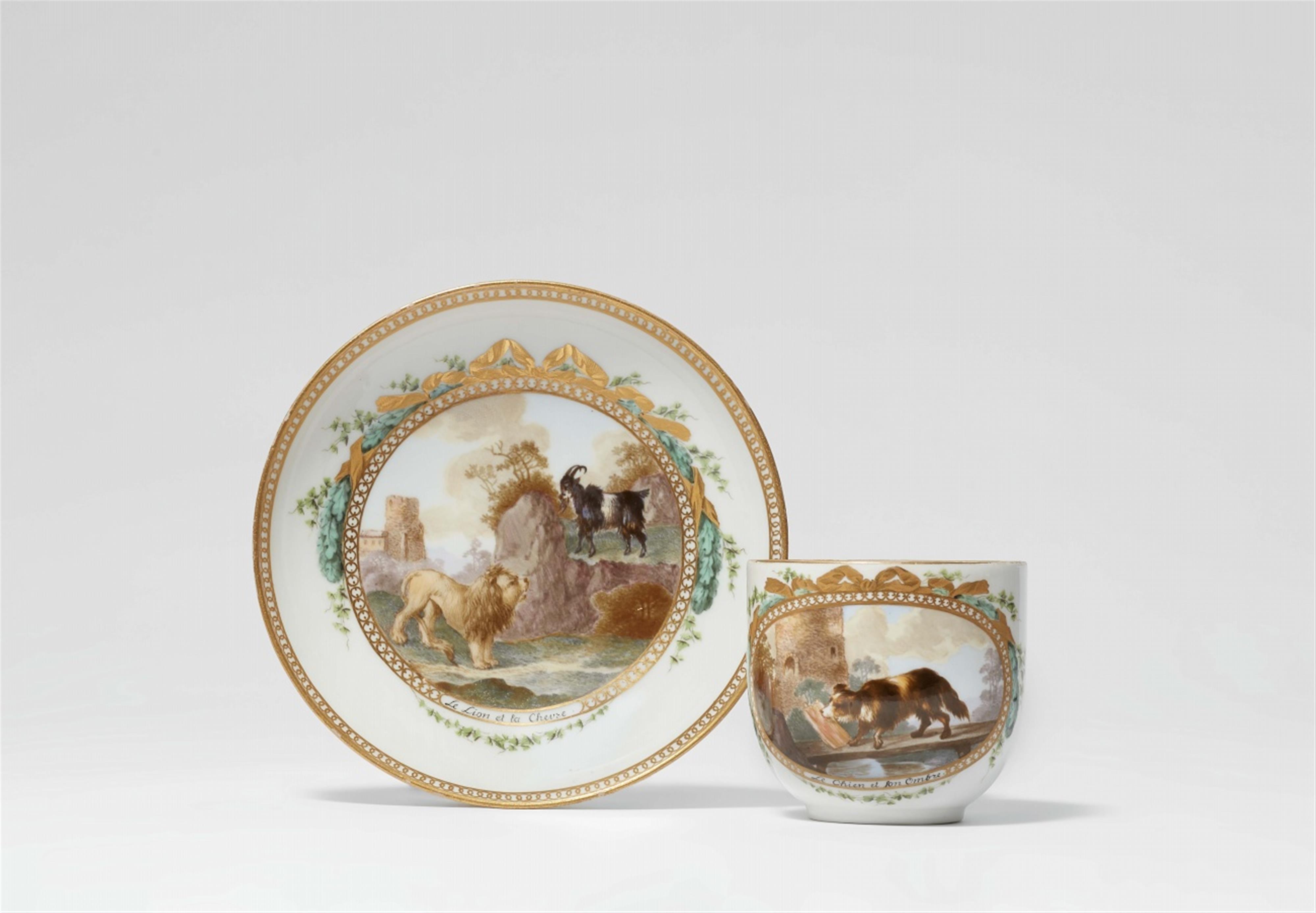 A Meissen porcelain cup and saucer with scenes from Aesop's fables - image-1