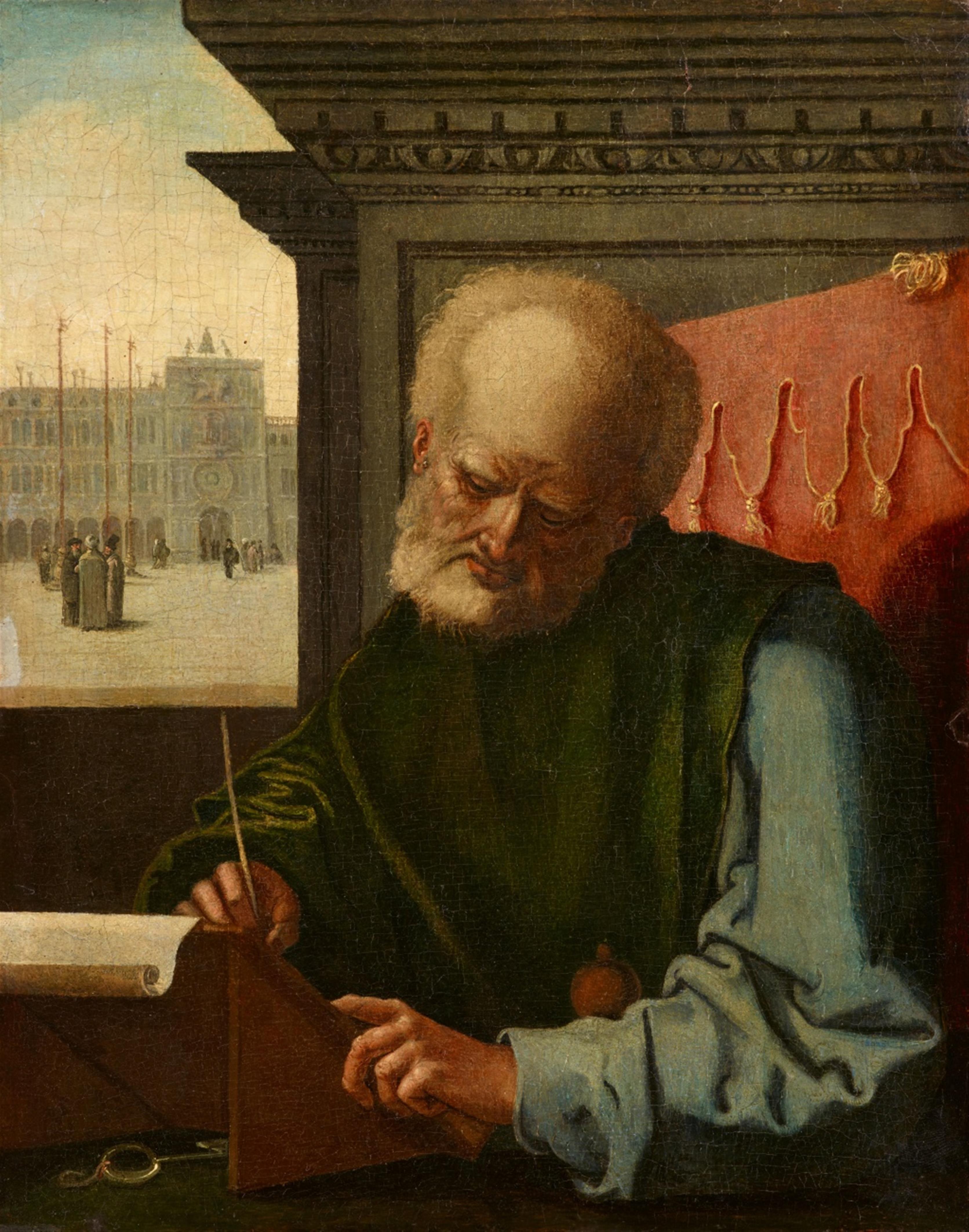 Pedro Fernández de Murcia, Umkreis - Der hl. Markus in einer Studierstube, im Hintergrund die Piazza di San Marco in Venedig - image-1