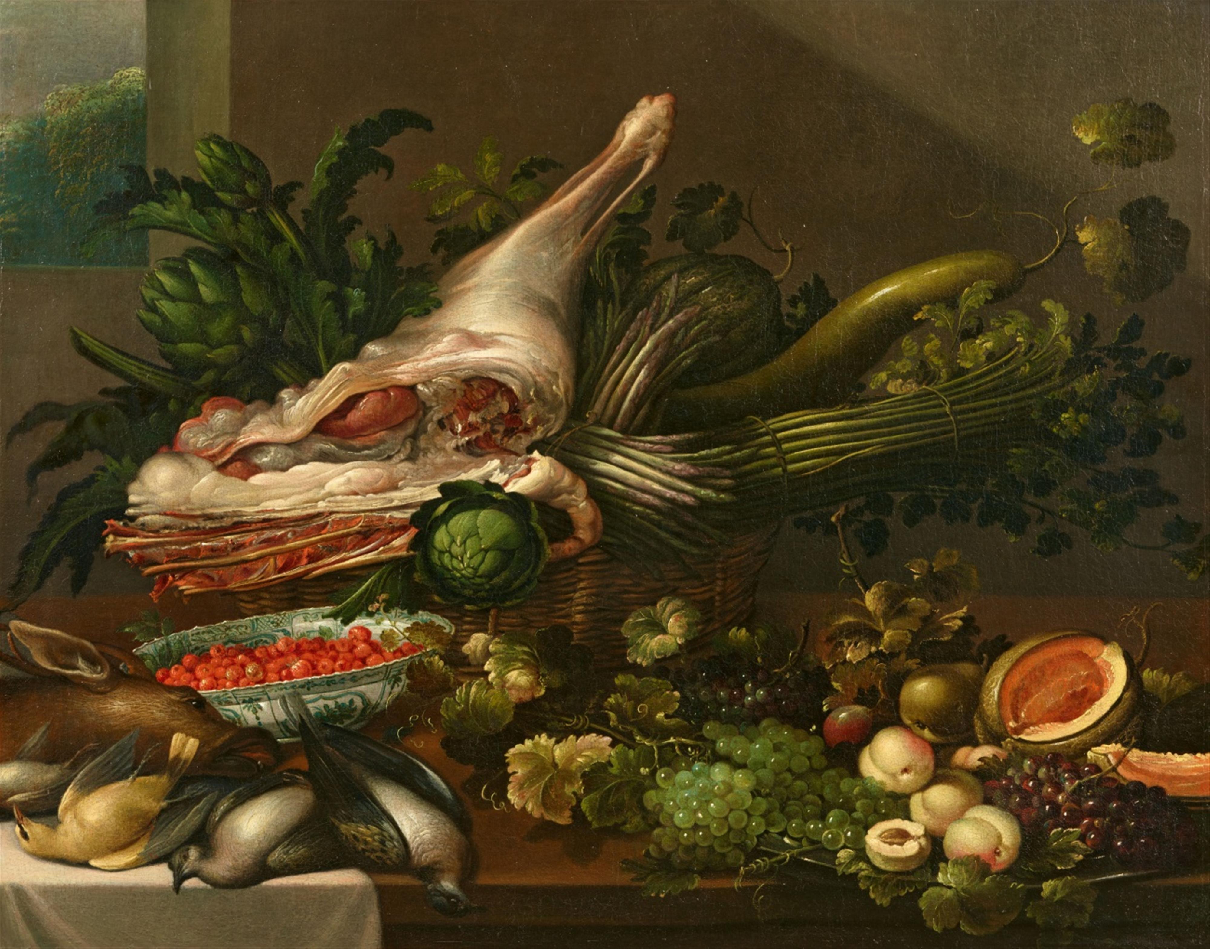 Adriaen van Utrecht, Umkreis - Wildbret, Artischocken, Spargel, Kürbis, Wassermelone, Trauben, Pfirsiche und eine mit Himbeeren gefüllte Schale auf einer Tischplatte - image-1