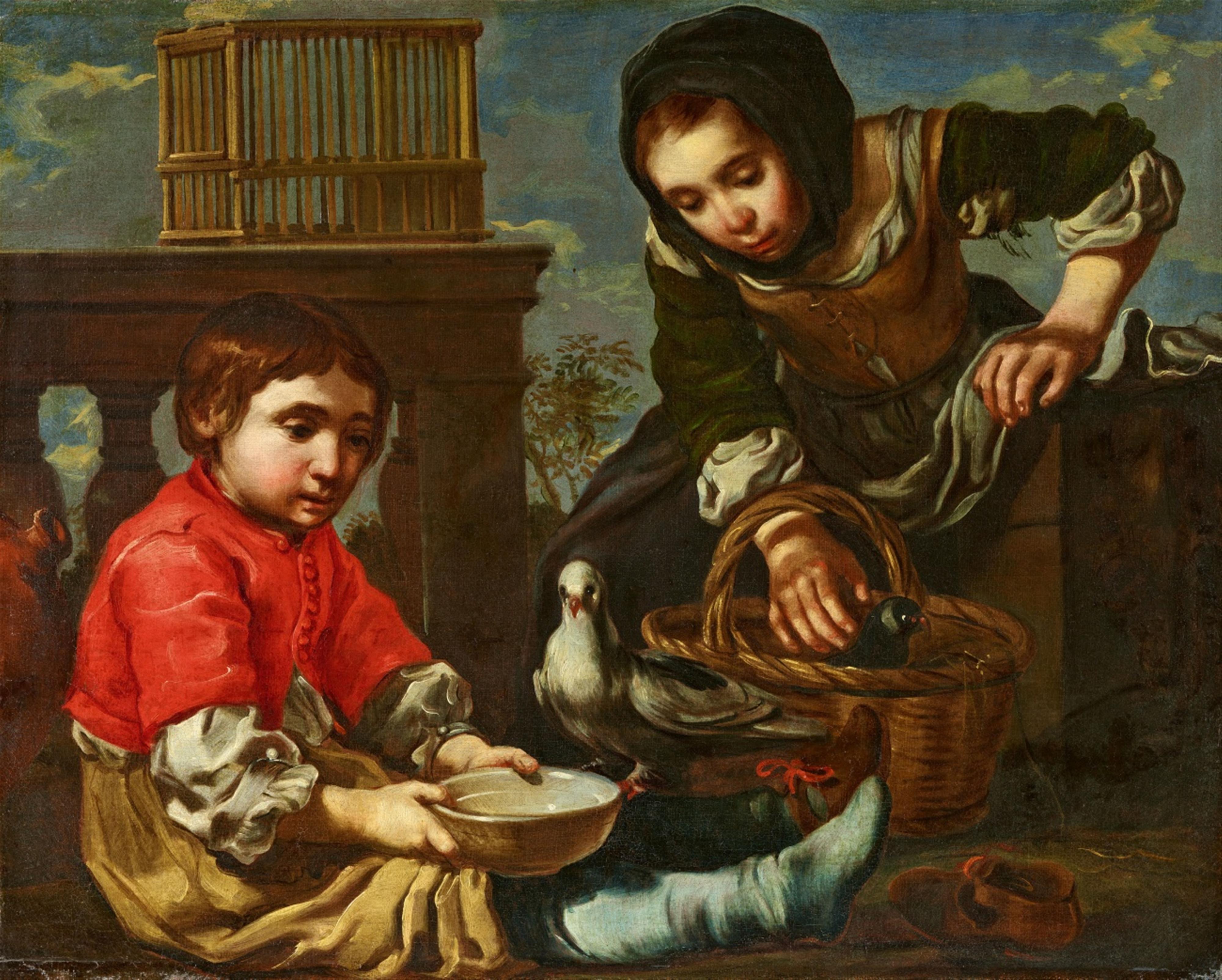 Bernhard Keil, called Bernardo, Monsù - Boy and a Girl Feeding Doves - image-1