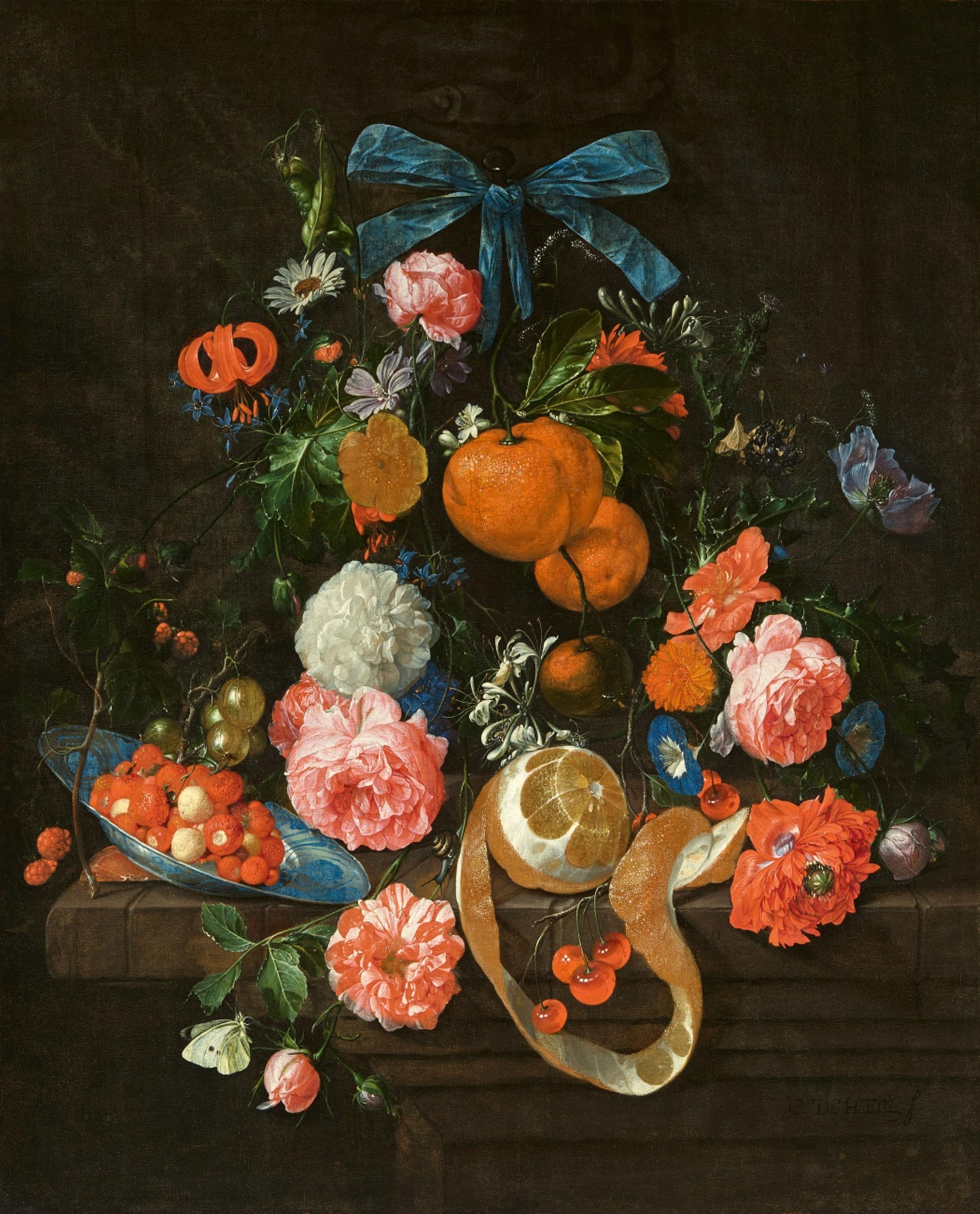 Cornelis de Heem - Stillleben mit Orangen, Rosen, Goldblume und anderen Blumen auf einer Steinplatte mit Walderdbeeren auf einer Wanli-Schale sowie einer geschälten Zitrone, Kirschen und Stachelbeeren - image-1