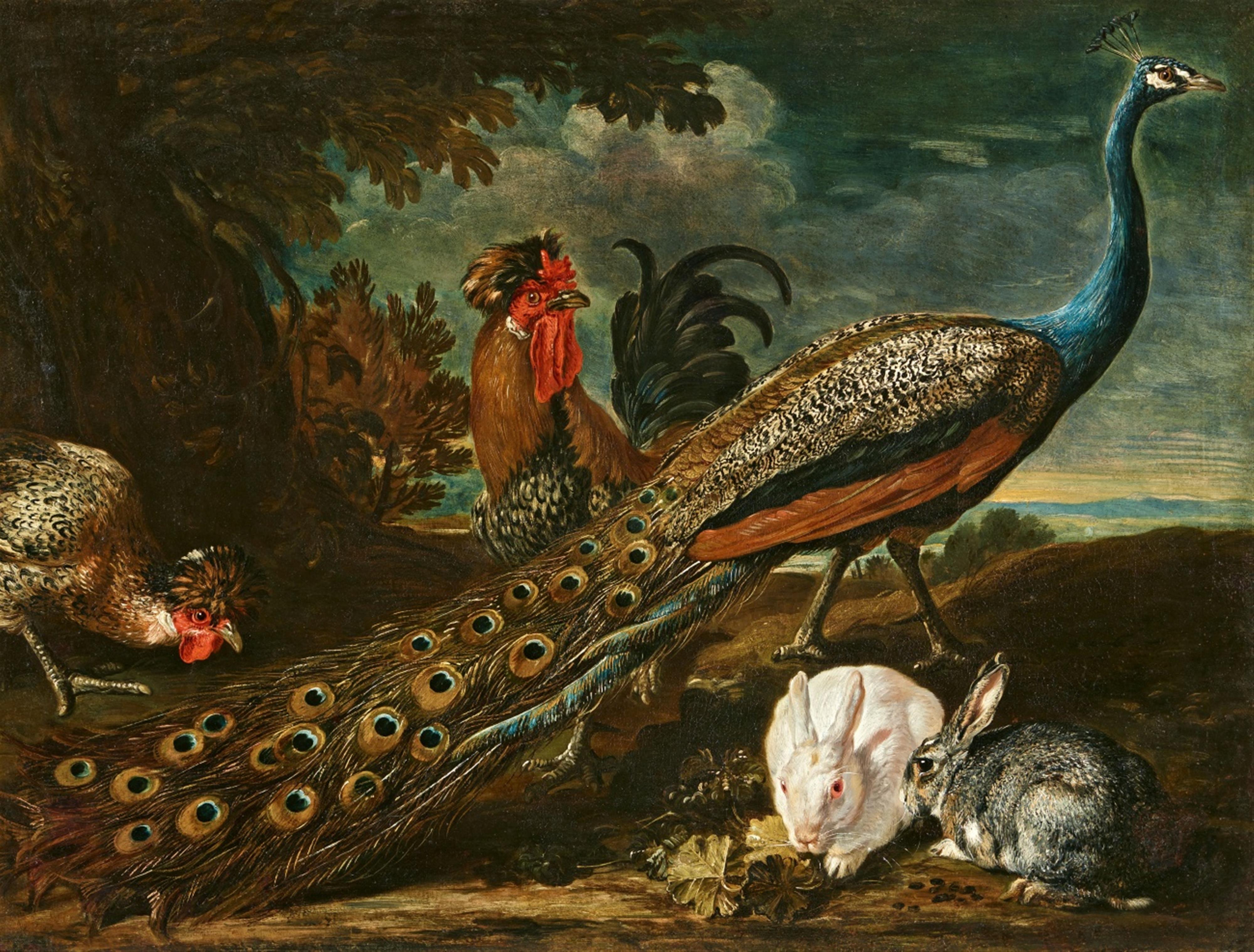 David de Coninck - Ein Truthahn, zwei Hunde und zwei Tauben vor einer Landschaft
Ein Pfau, zwei Hühner und zwei Kaninchen vor einer Landschaft - image-2