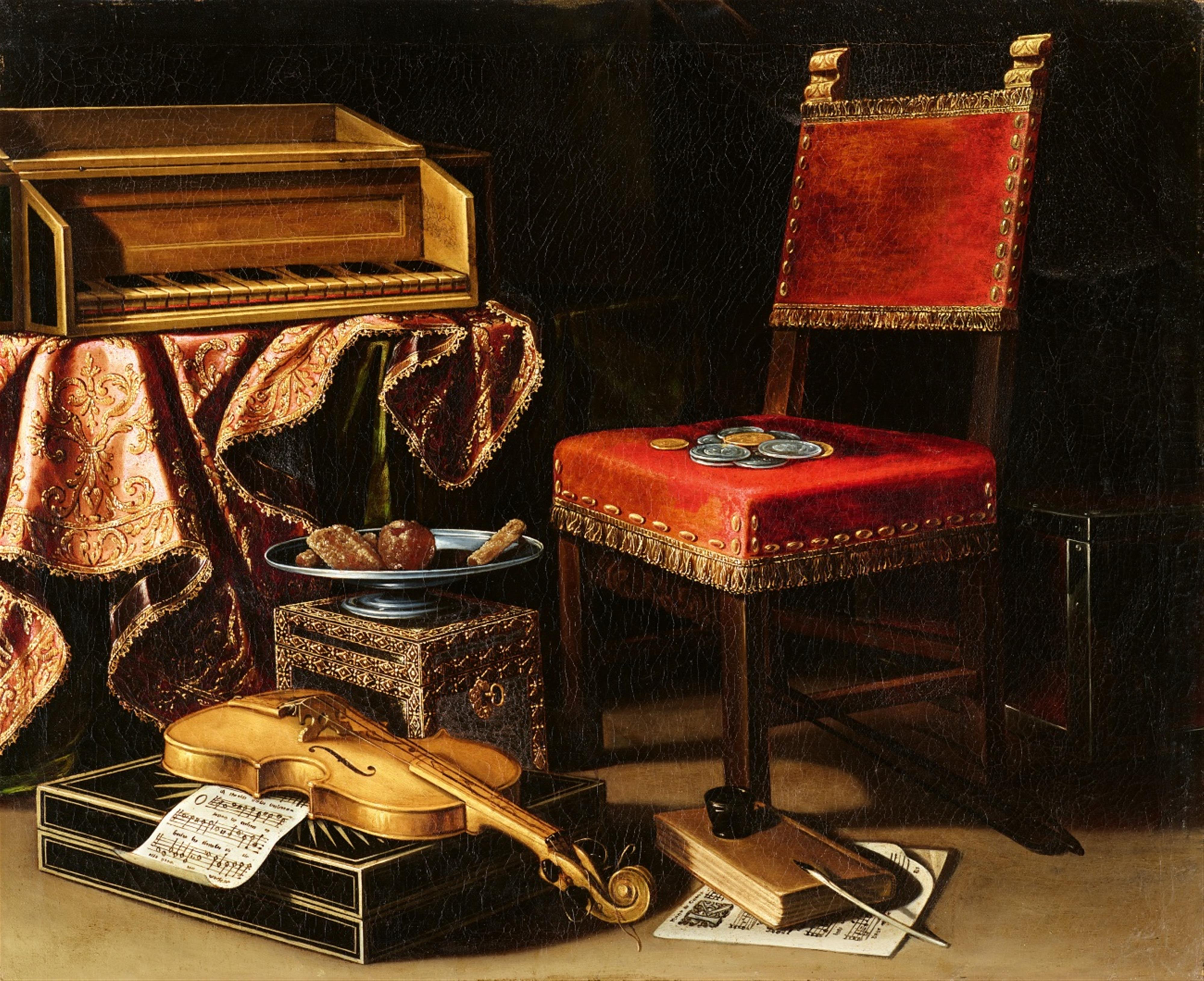 Antonio Gianlisi - Flowers and Fruit in Silver Dishes on Silken Draperies
Musical Instruments and Letters by a Chair - image-2