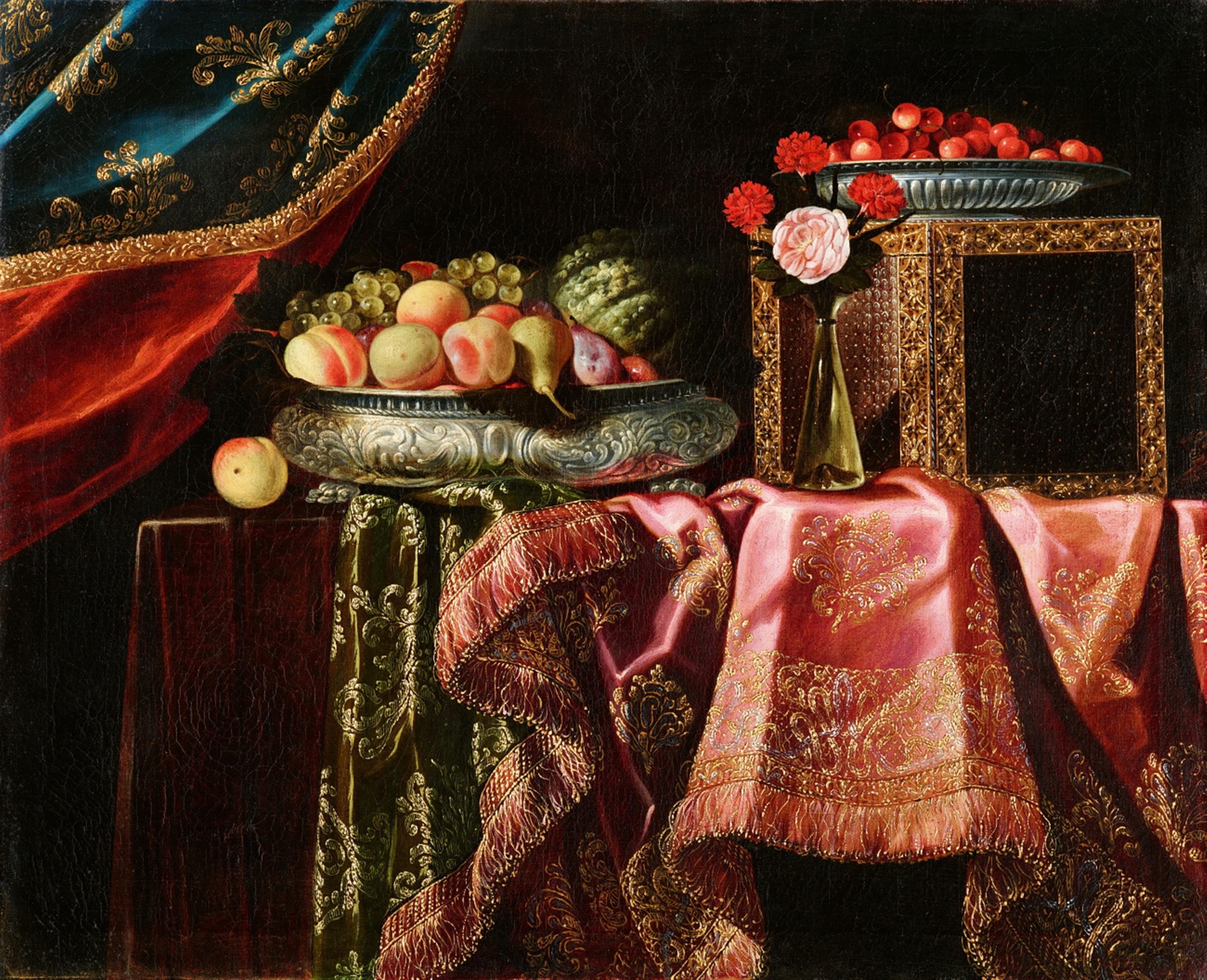 Antonio Gianlisi - Flowers and Fruit in Silver Dishes on Silken Draperies
Musical Instruments and Letters by a Chair - image-1