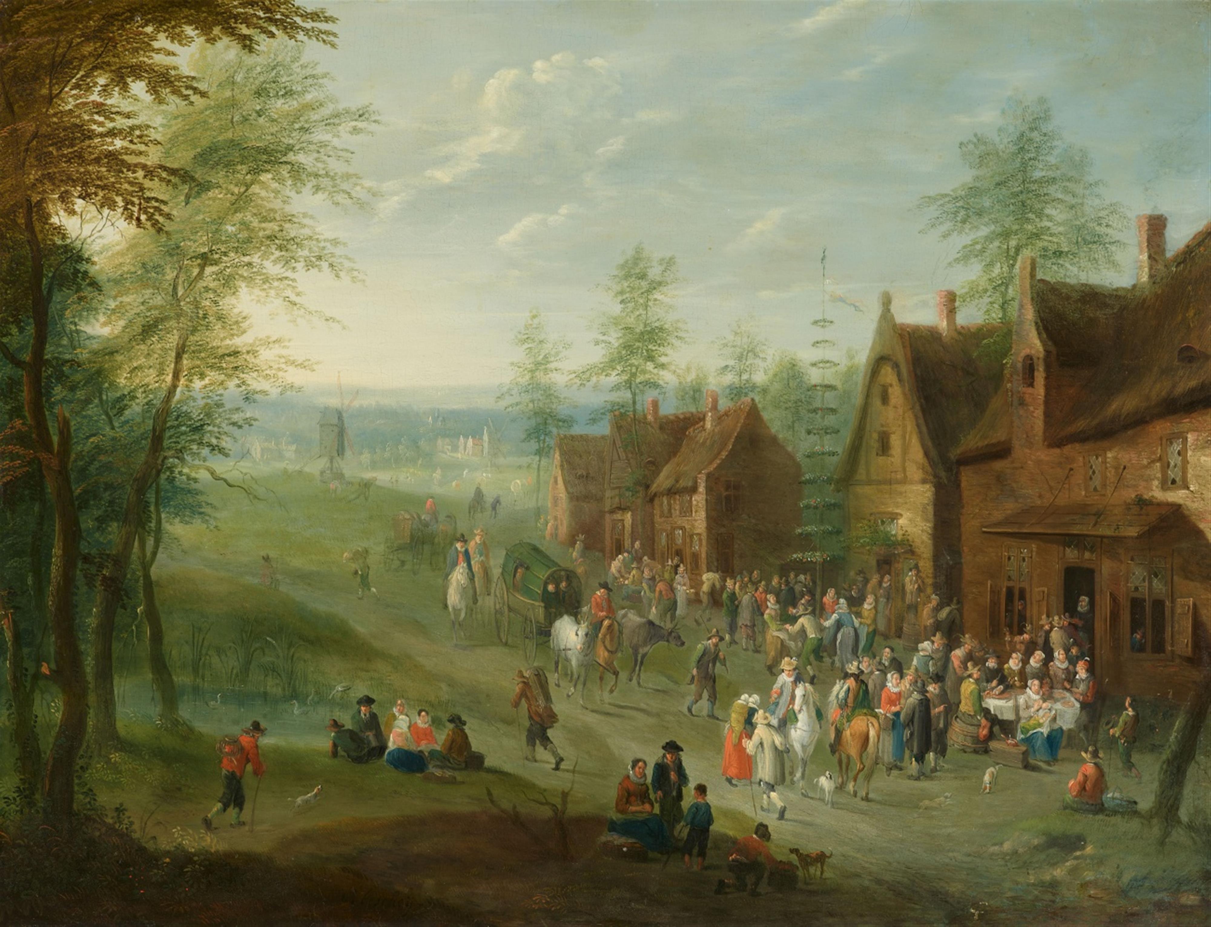 Charles (Karel) Beschey - Dörfliche Landschaft mit Reisenden und feiernden Bauern - image-1