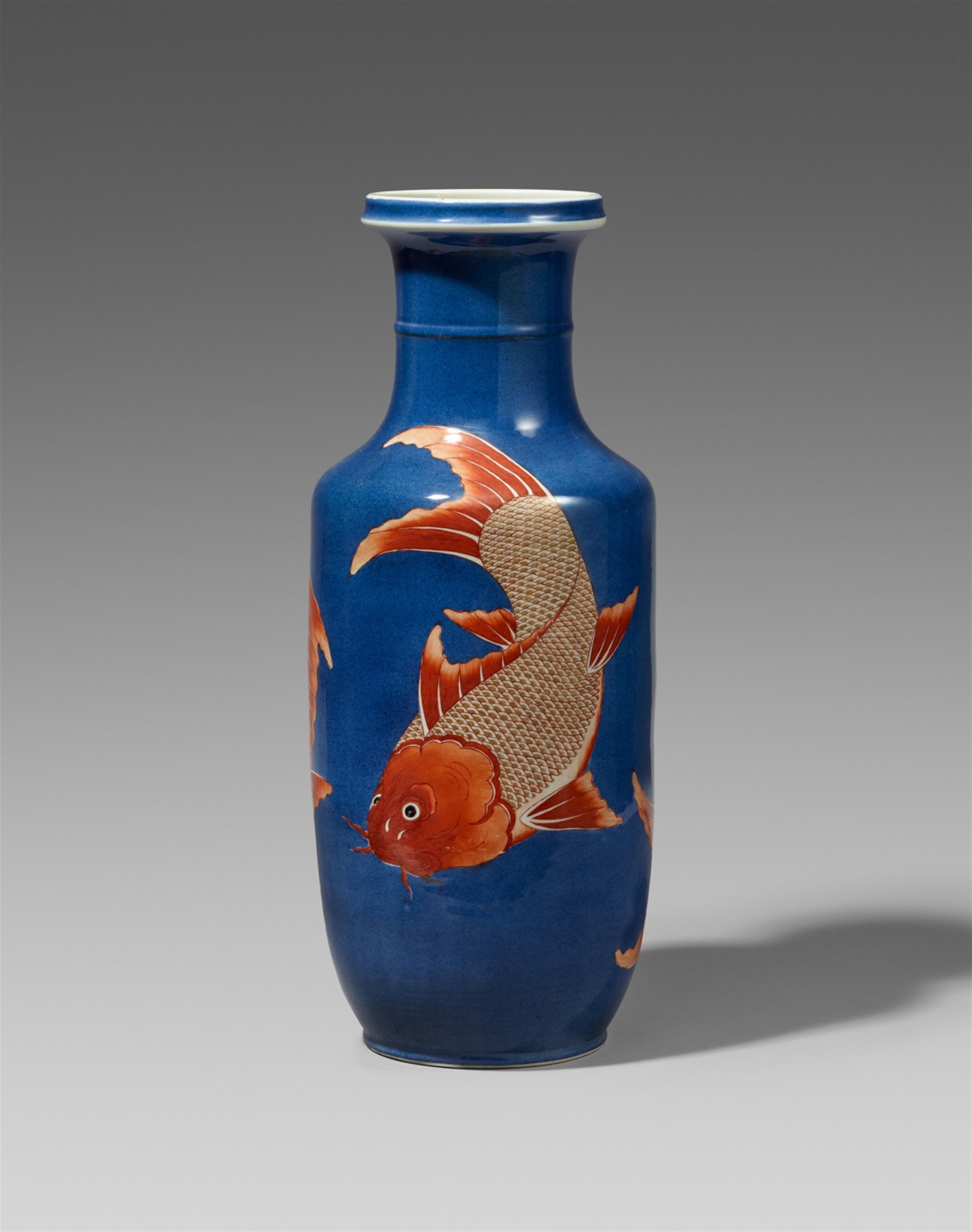 An iron-red decorated powder blue carp rouleau vase. Qing dynasty (1644-1911), 19th century - image-1