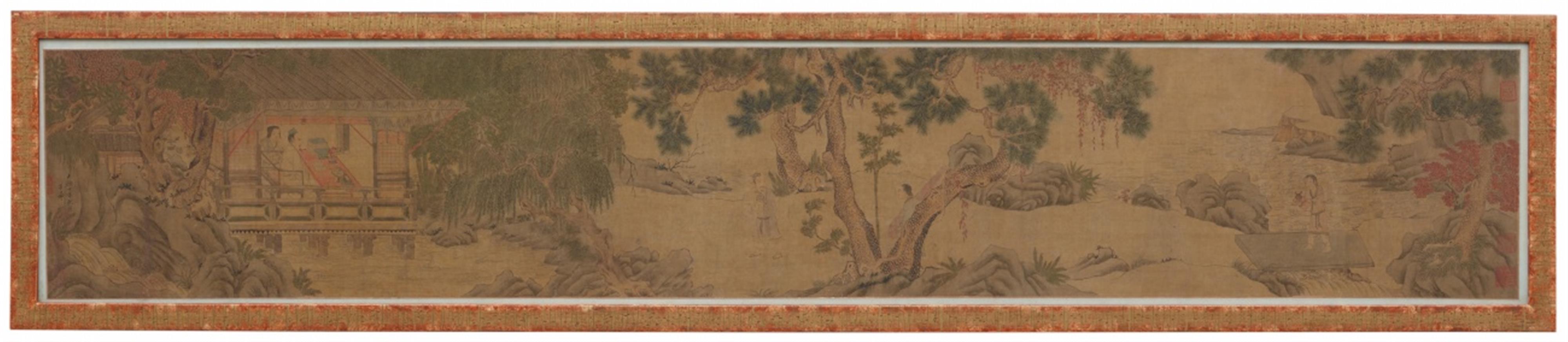 After Zhao Mengfu . Qing dynasty
Zhu Zhifan and - River landscape with a pavilion and a scholar servant, one bringing him a qin (zither). Ink and colour on silk. Inscribed Zi Ang, together with a collophone referring to Wenmin ... - image-1