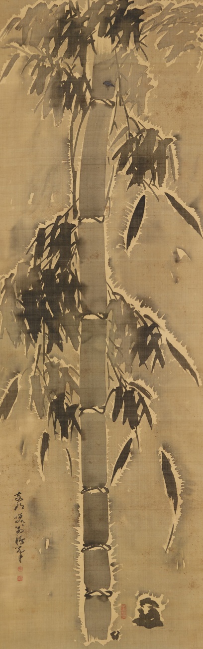 Wang Zhengkun (Taiho Shokon) - Hanging scroll, depicting snow ladden bamboo. Ink on silk. Signed Shina Shoo Ho hitsu (Zhina xiao weng Peng =painted by the laughing old man Kon from China) and sealed Shoho (Zh... - image-1