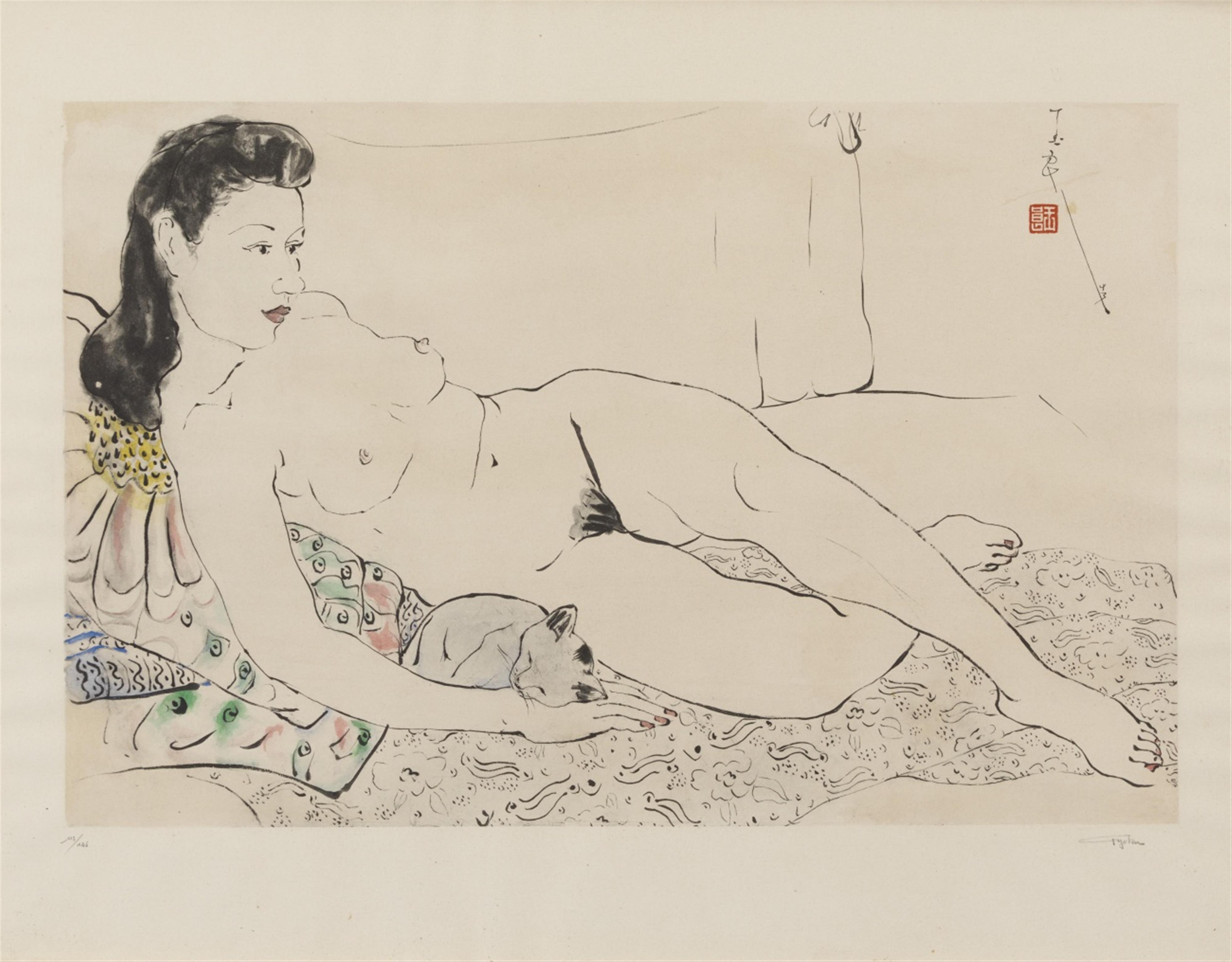 Pan Yuliang . 1943 - Nude with a cat. Lithograph, 115/125. Signed Yuliang, dated 43 and sealed Yuliang. - image-1