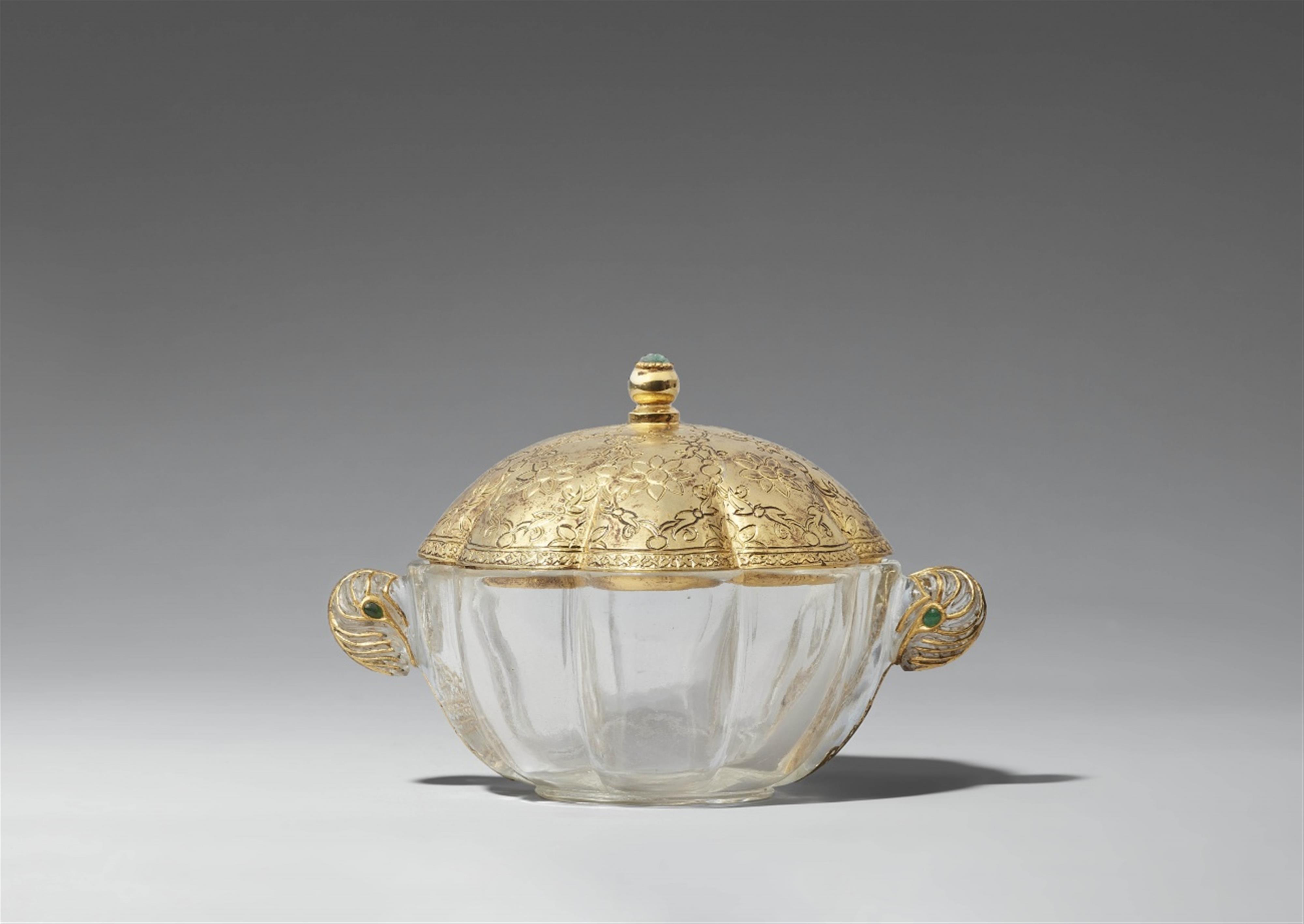 A North or Central Indian rock crystal bowl with a gilt metal lid - image-1