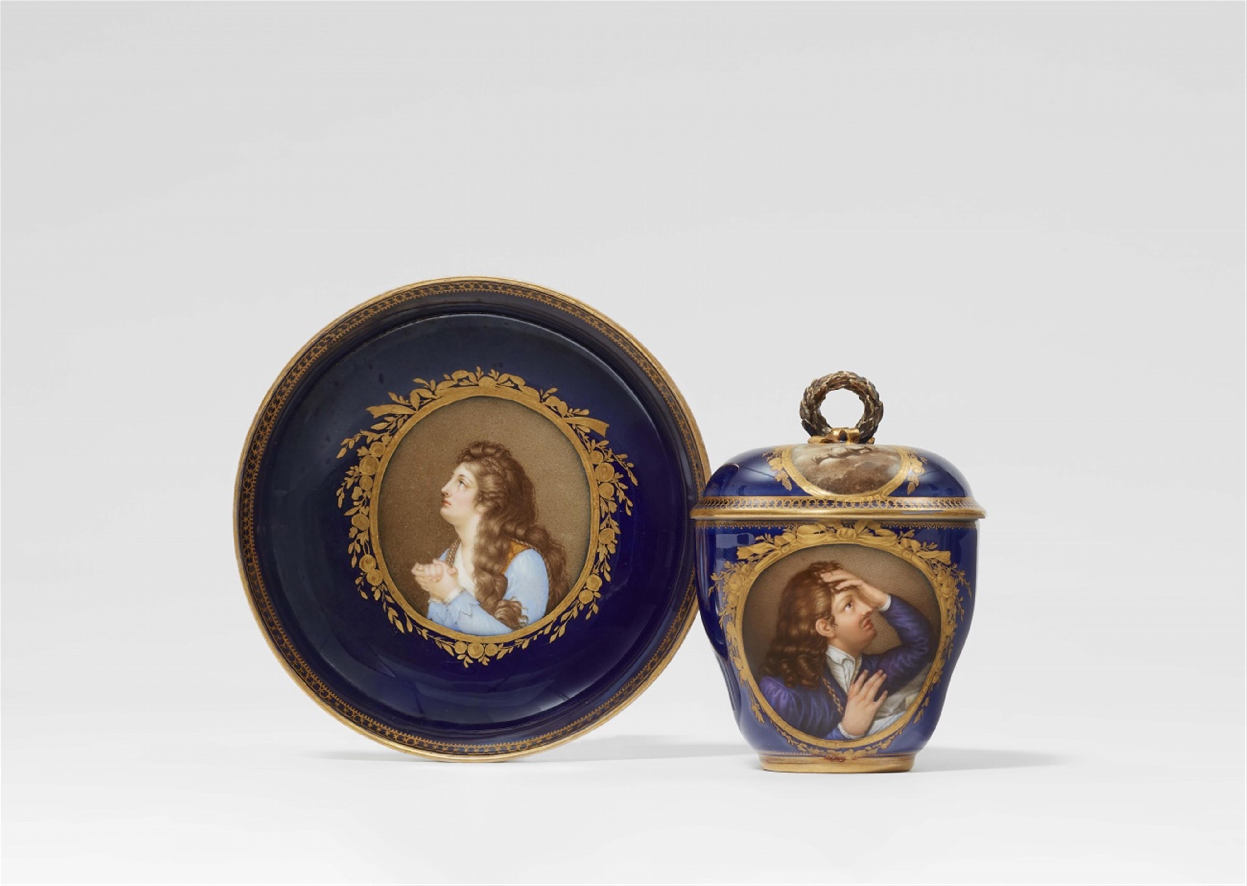 A Meissen porcelain lidded cup and saucer with Abélard and Héloïse - image-1