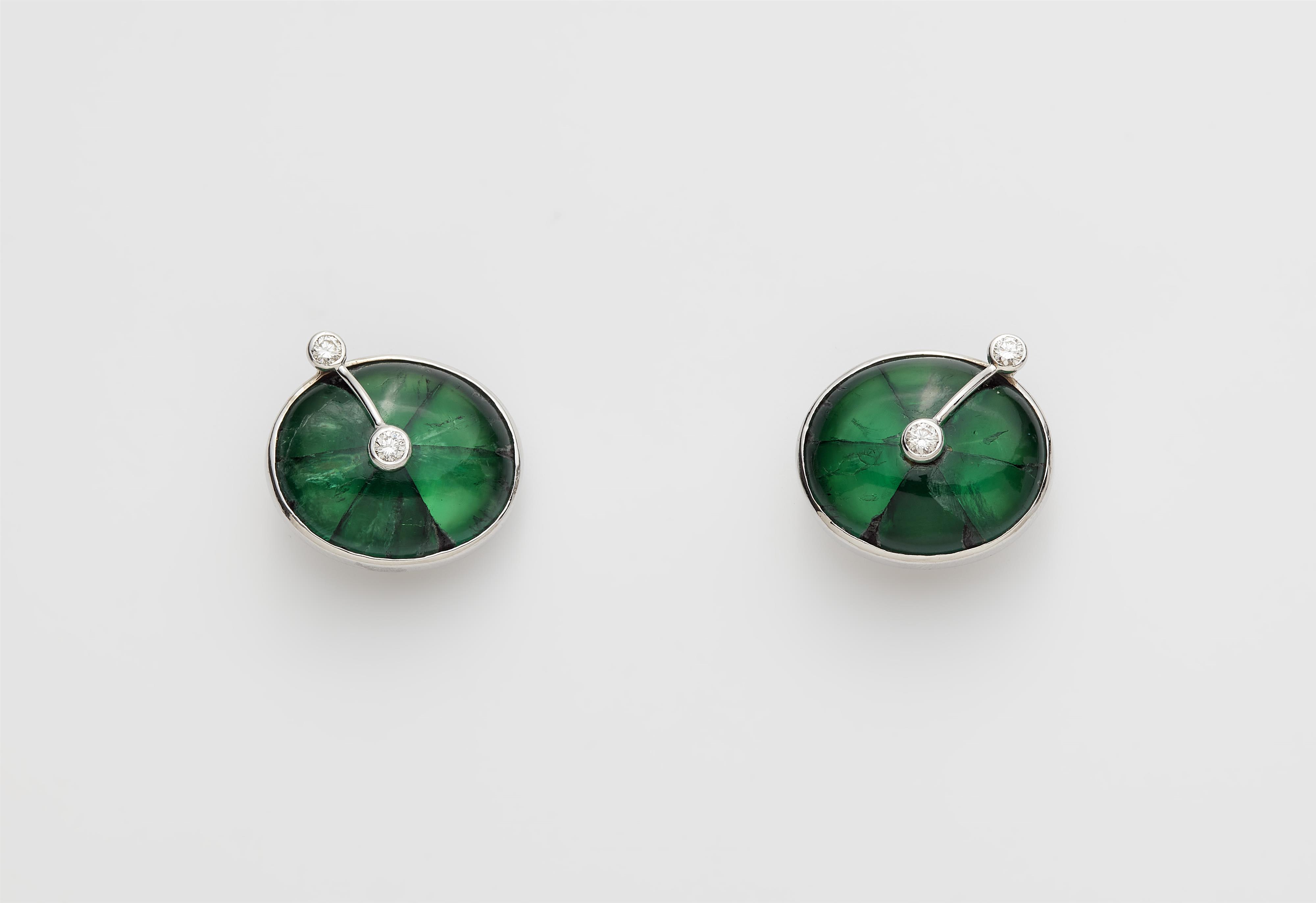 A pair of German 18k white gold diamond clips earrings with rare natural Columbian Trapiche emeralds. - image-3