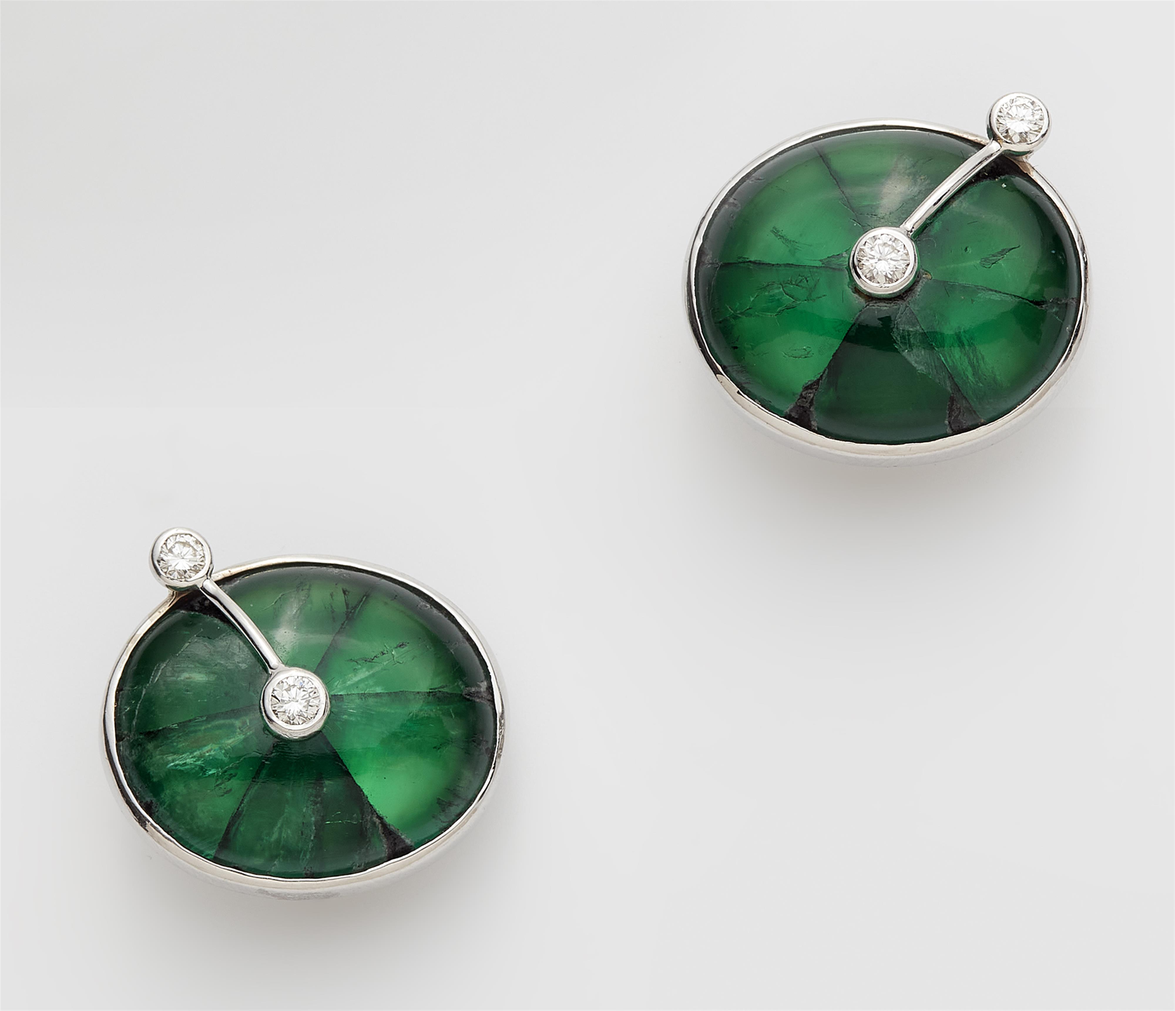 A pair of German 18k white gold diamond clips earrings with rare natural Columbian Trapiche emeralds. - image-1