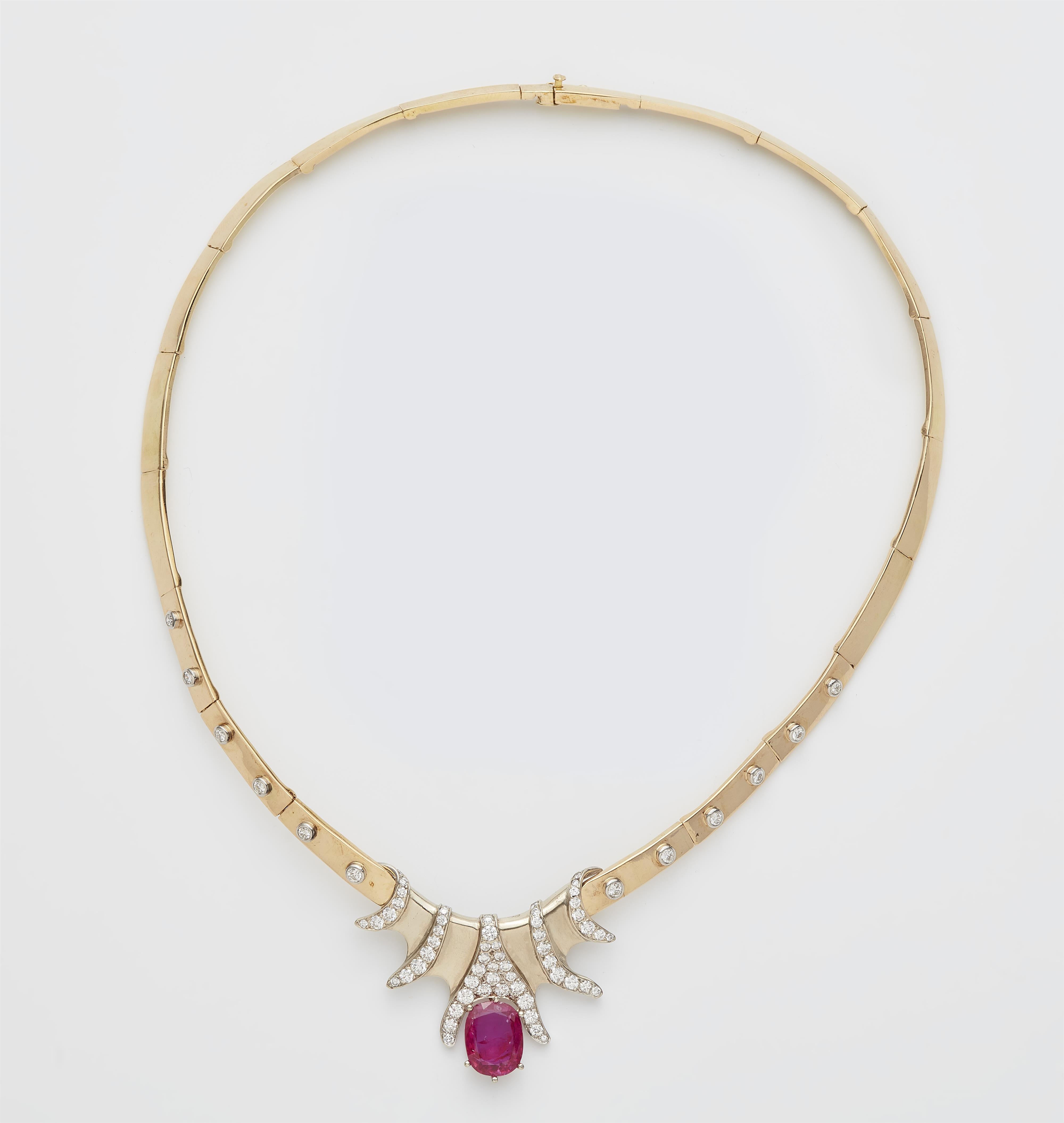 An Austrian 18k bicolour gold diamond necklace with an important natural Burmese ruby c. 6.5 ct. - image-1