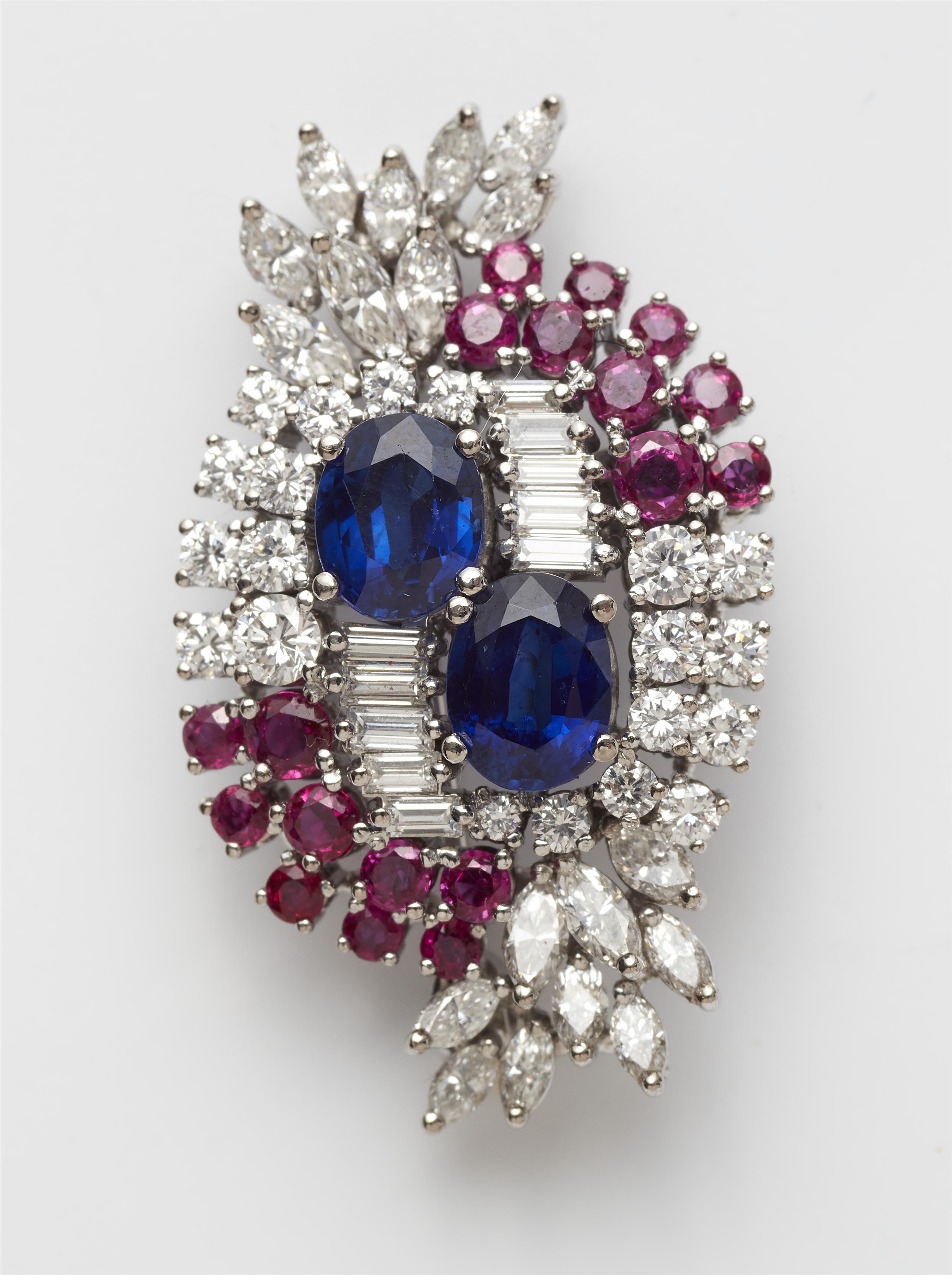 A German 18k white gold diamond ruby brooch with fine sapphires. - image-2