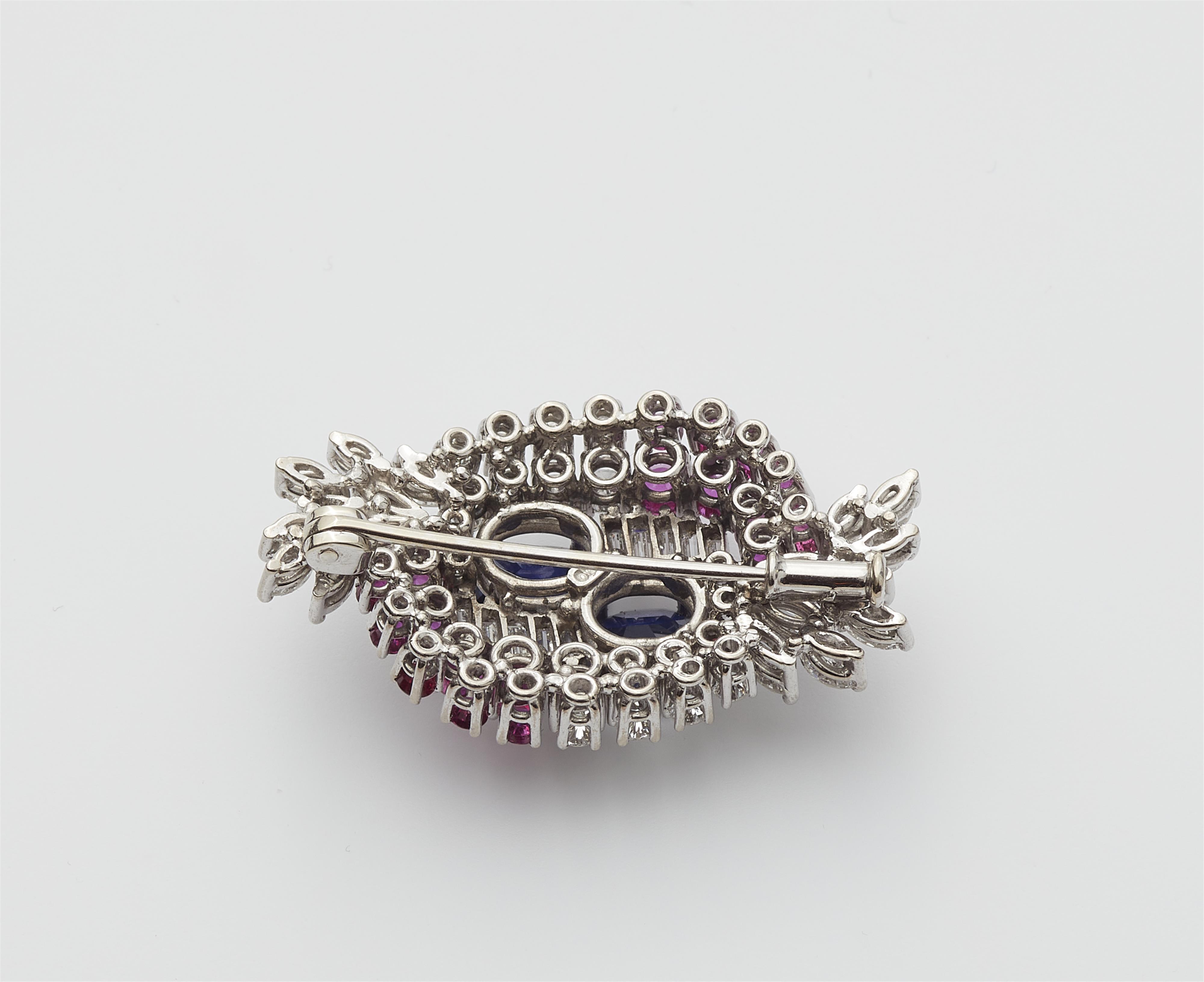 A German 18k white gold diamond ruby brooch with fine sapphires. - image-3
