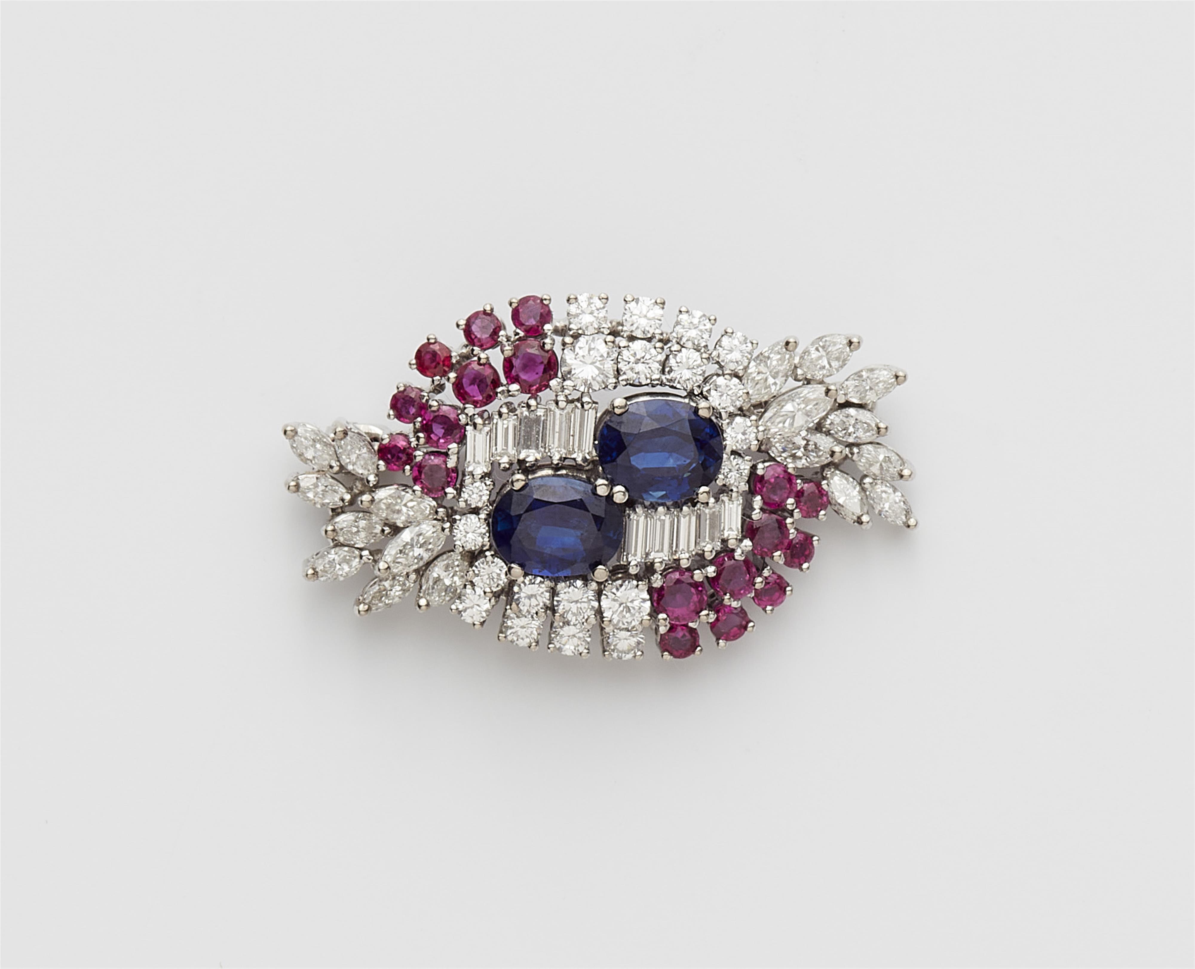 A German 18k white gold diamond ruby brooch with fine sapphires. - image-1