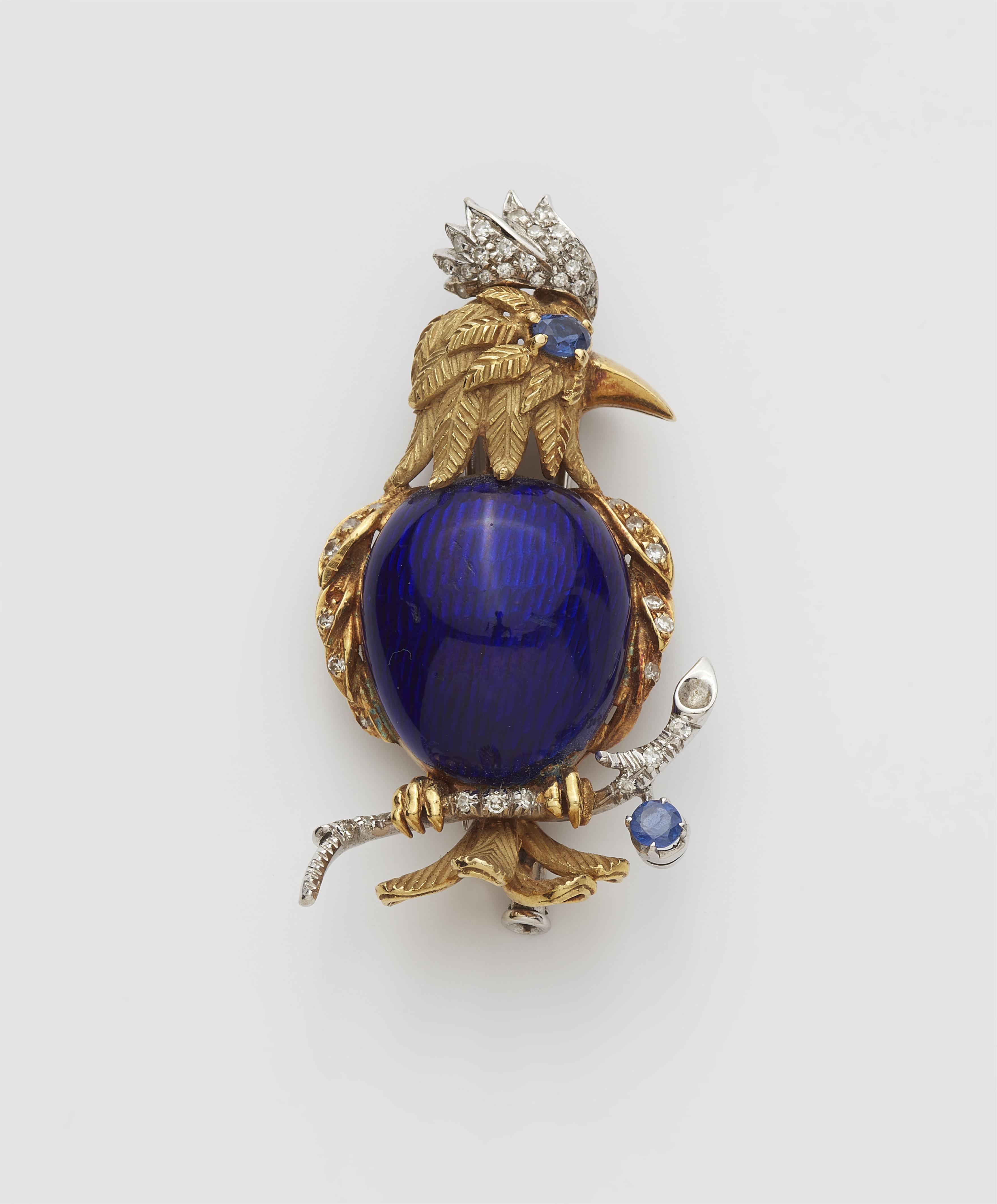 An Italian 18k gold enamel, sapphire and diamond parrot clip brooch. - image-1