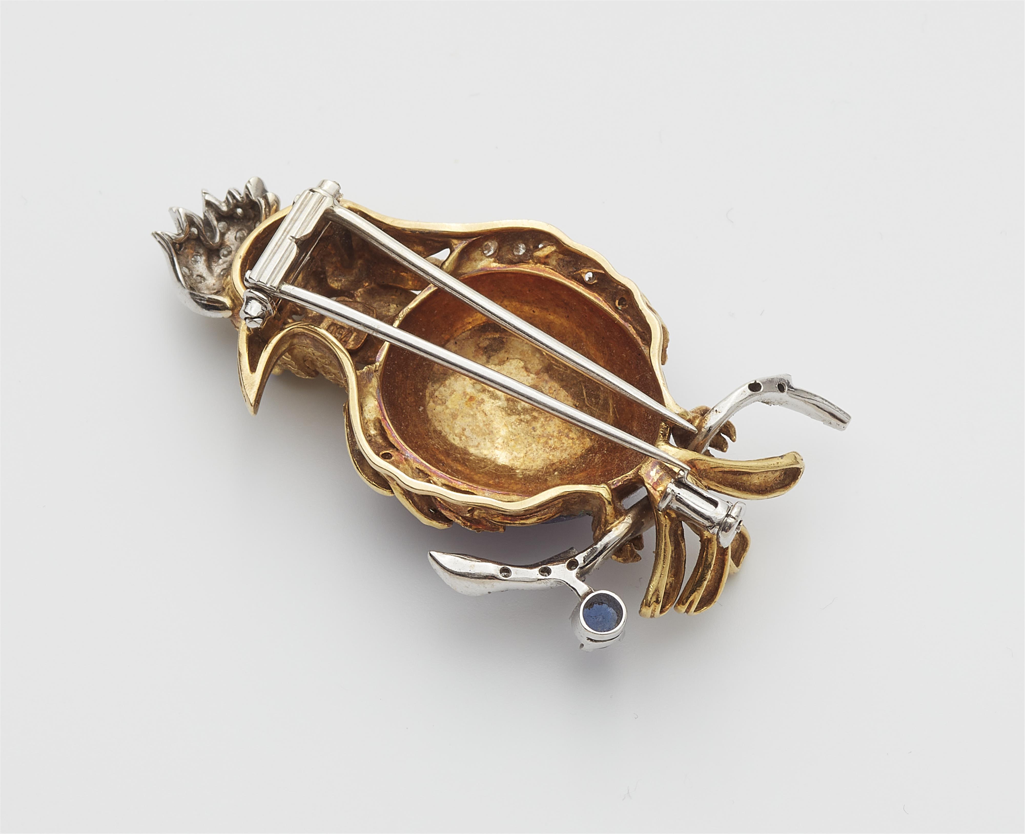 An Italian 18k gold enamel, sapphire and diamond parrot clip brooch. - image-2