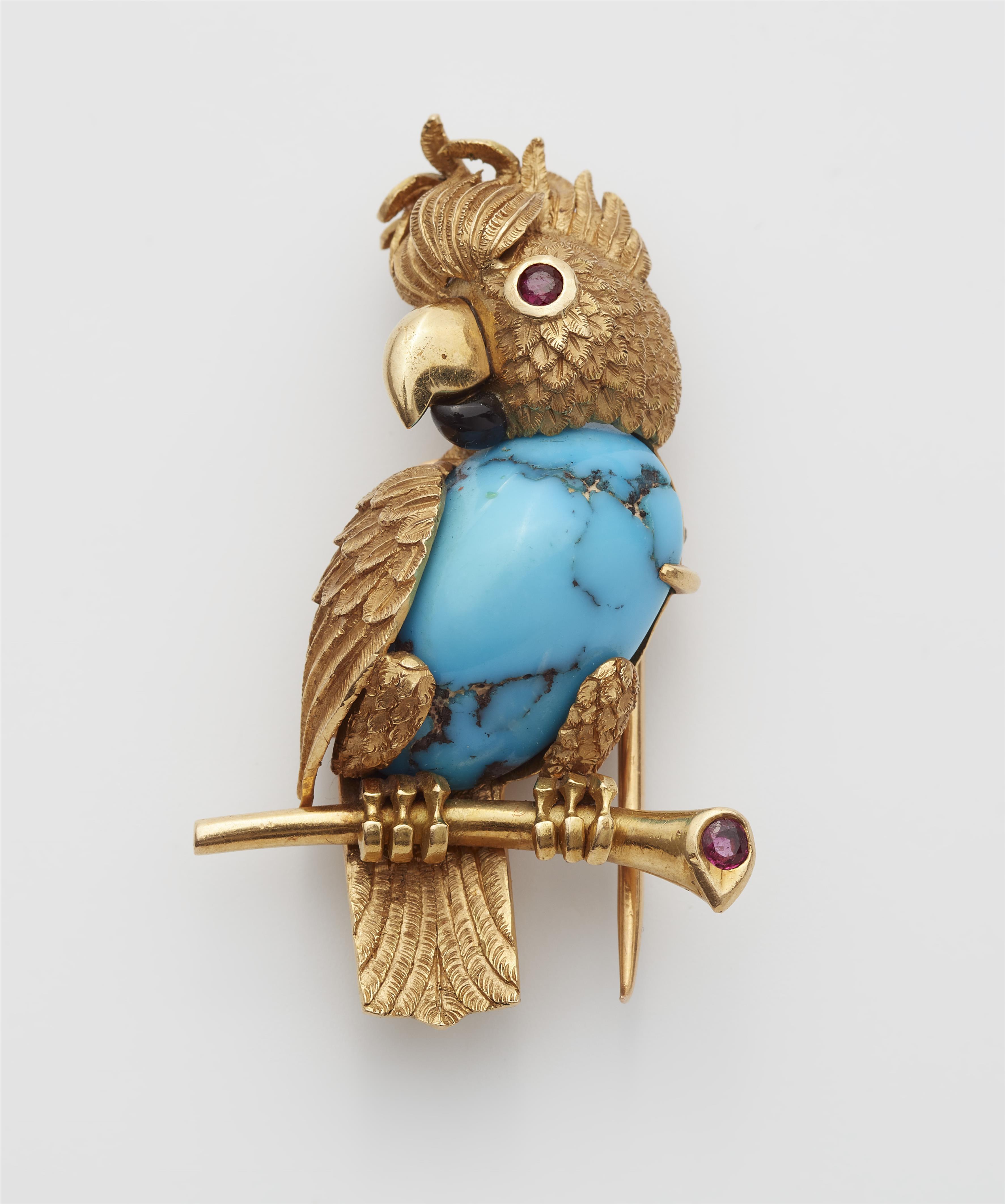 An 18k gold and turquoise matrix novelty brooch depicting a cockatoo. - image-1