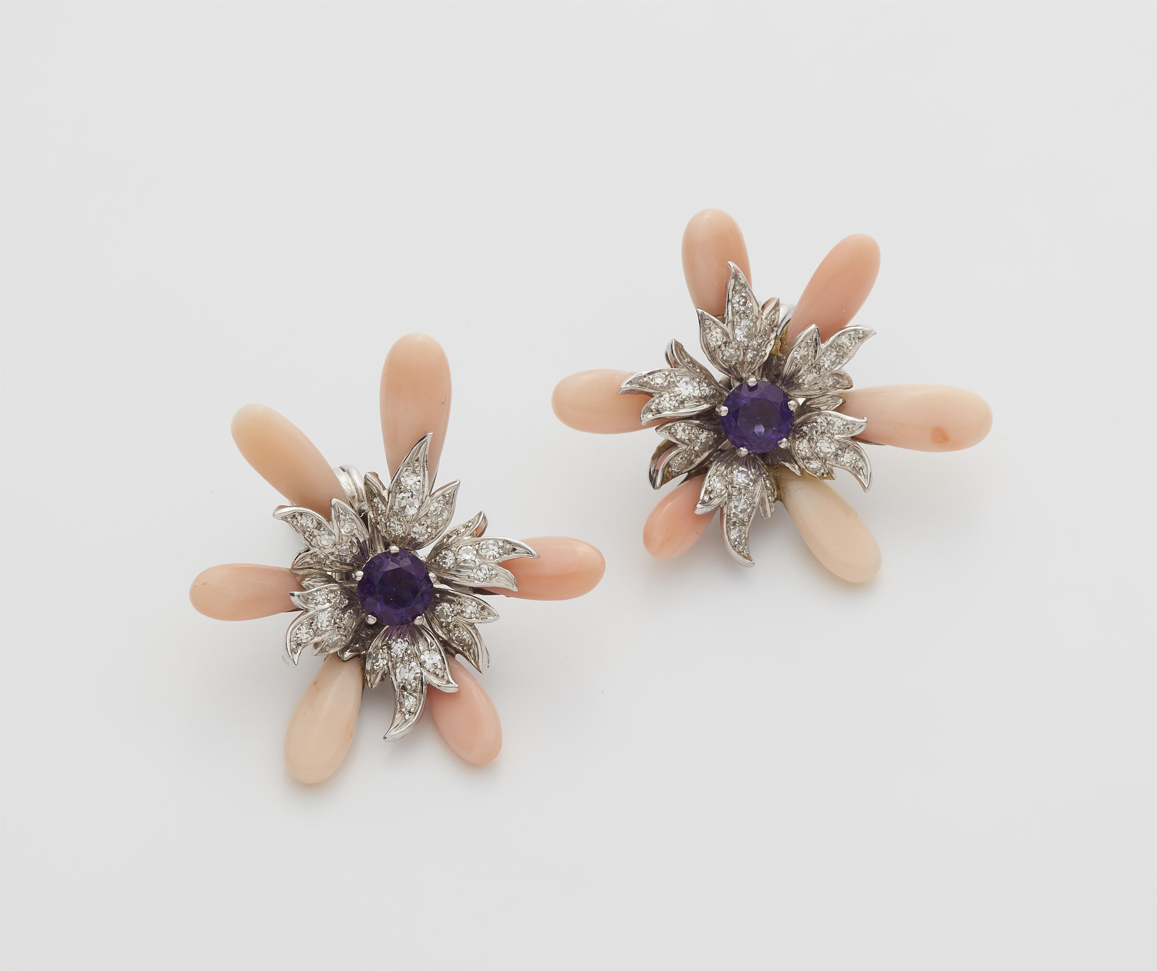A pair of German 18k white gold amethyst and coral earclips. - image-1