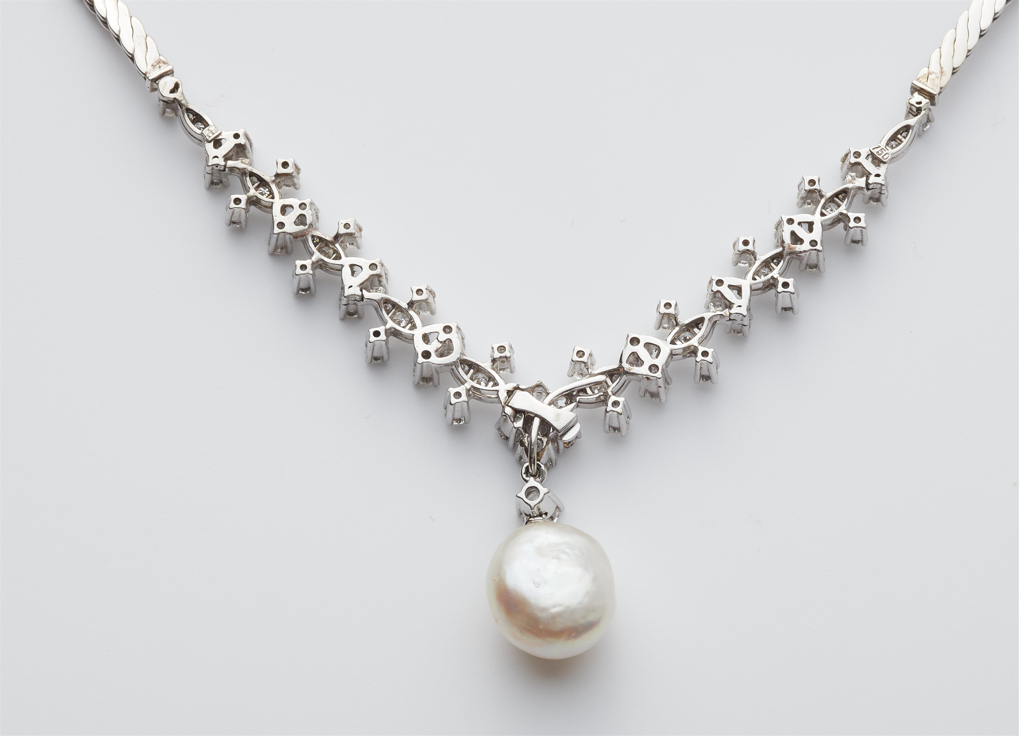 A German 18k gold diamond necklace suspending a South Sea pearl drop. - image-2