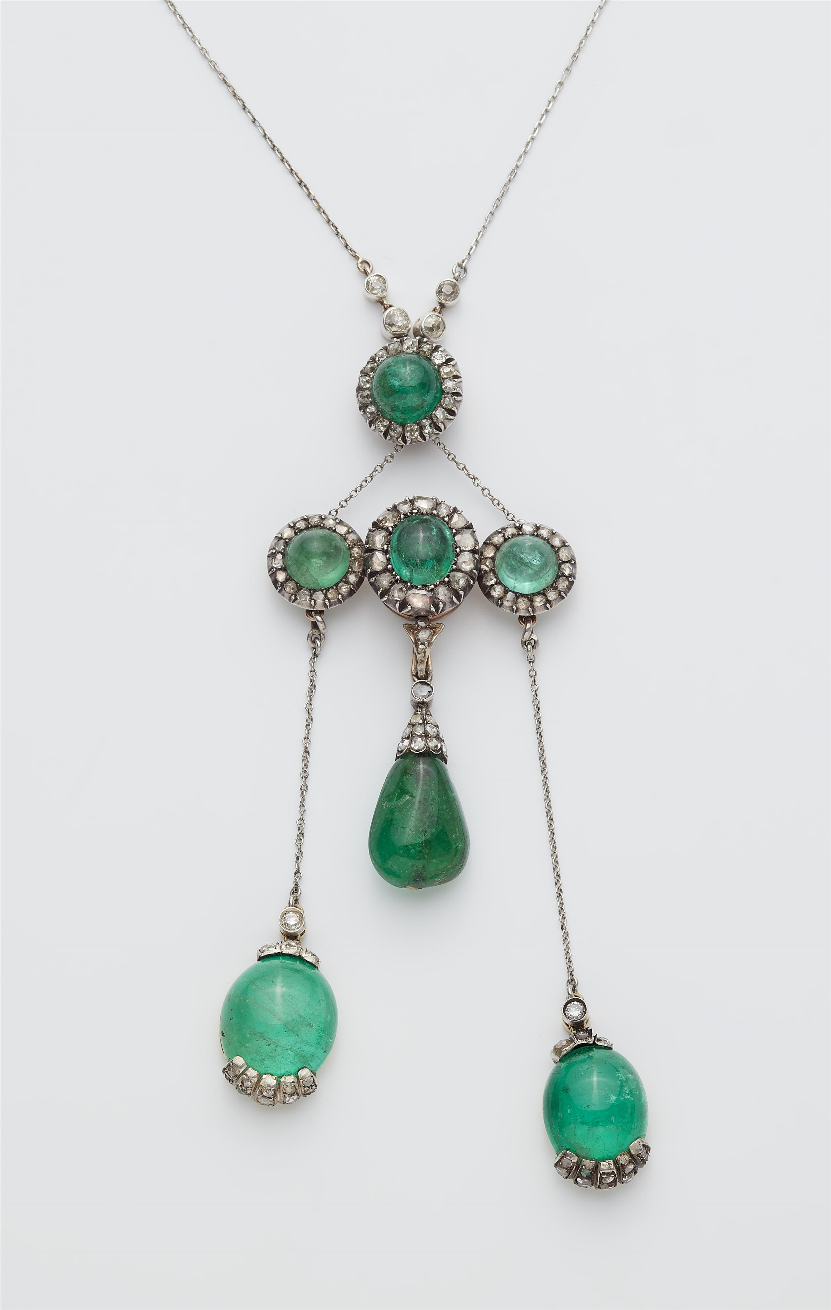 Parts of Italian antique silver 14k gold, emerald and diamond jewellery set comprising a multi-part pendant and a pair of earrings. - image-2