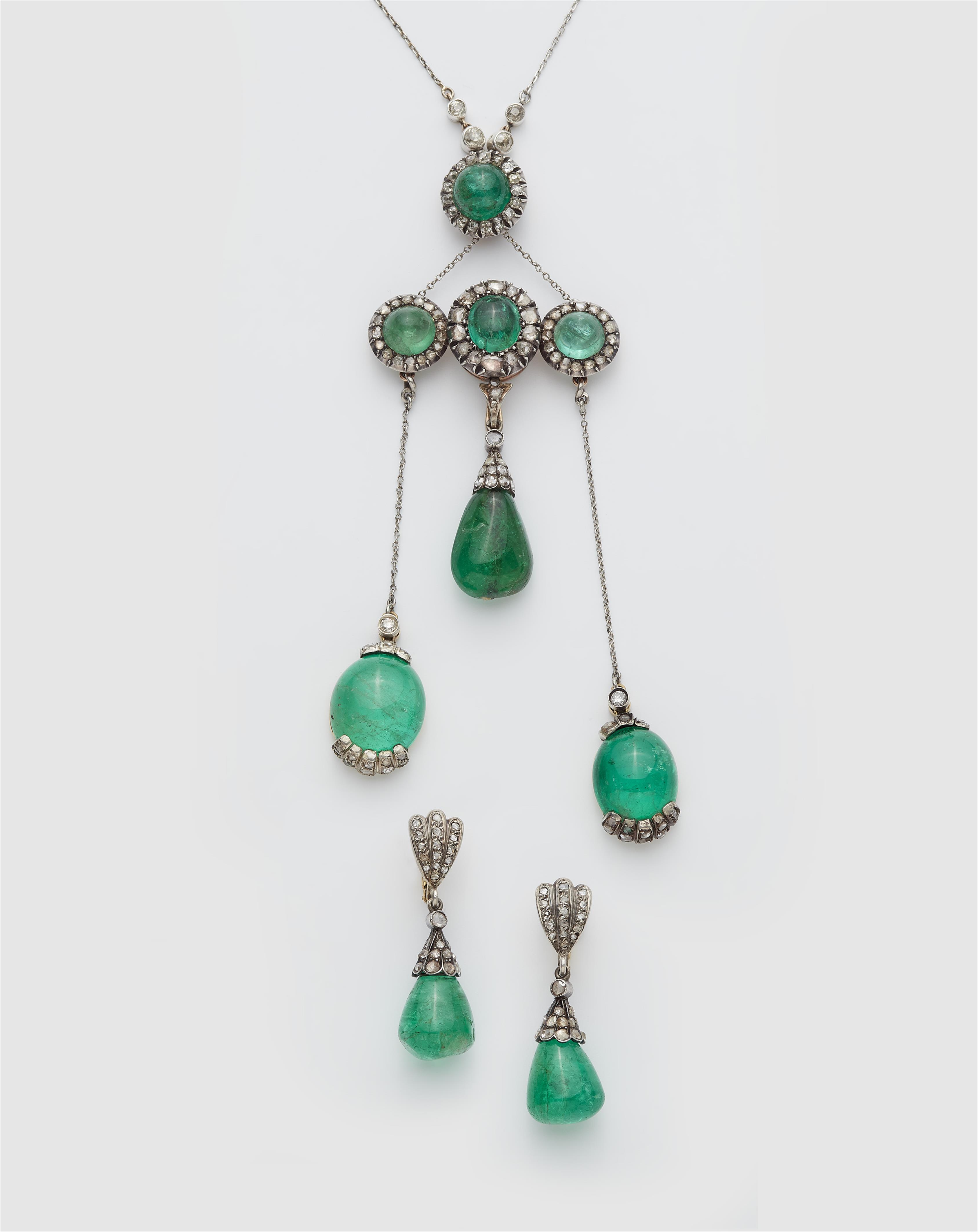 Parts of Italian antique silver 14k gold, emerald and diamond jewellery set comprising a multi-part pendant and a pair of earrings. - image-1