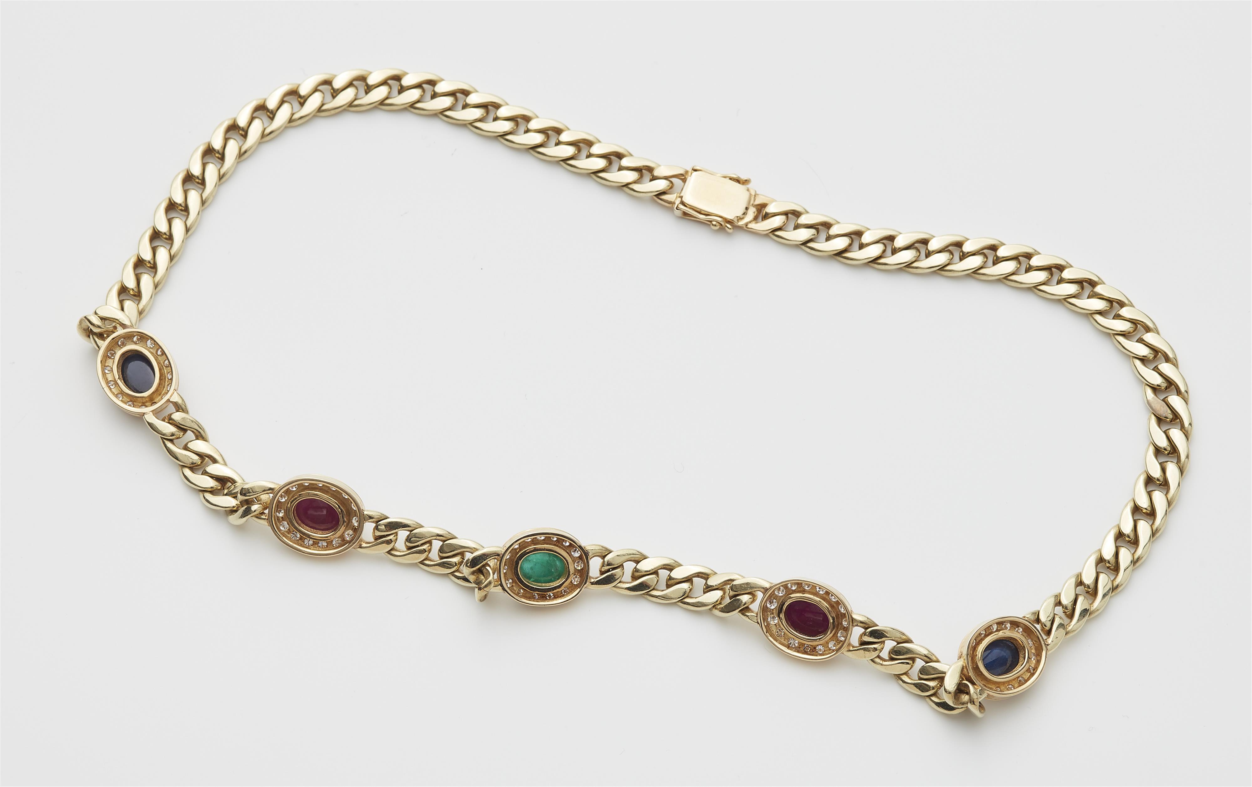 A German 18k yellow gold diamond and coloured gemstone chain necklace. - image-2