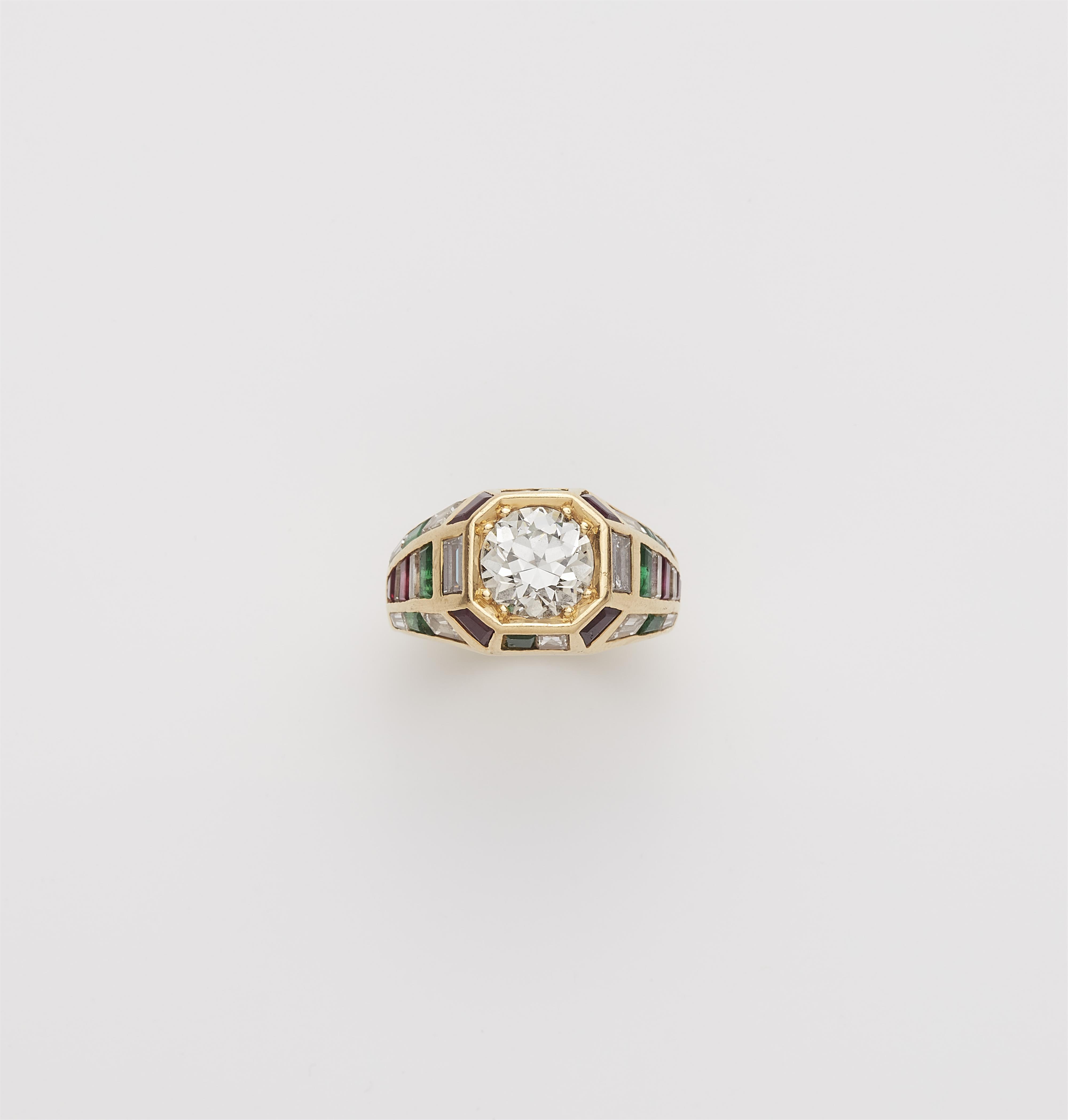 A German 18k gold gemstone and diamond solitaire ring. - image-1