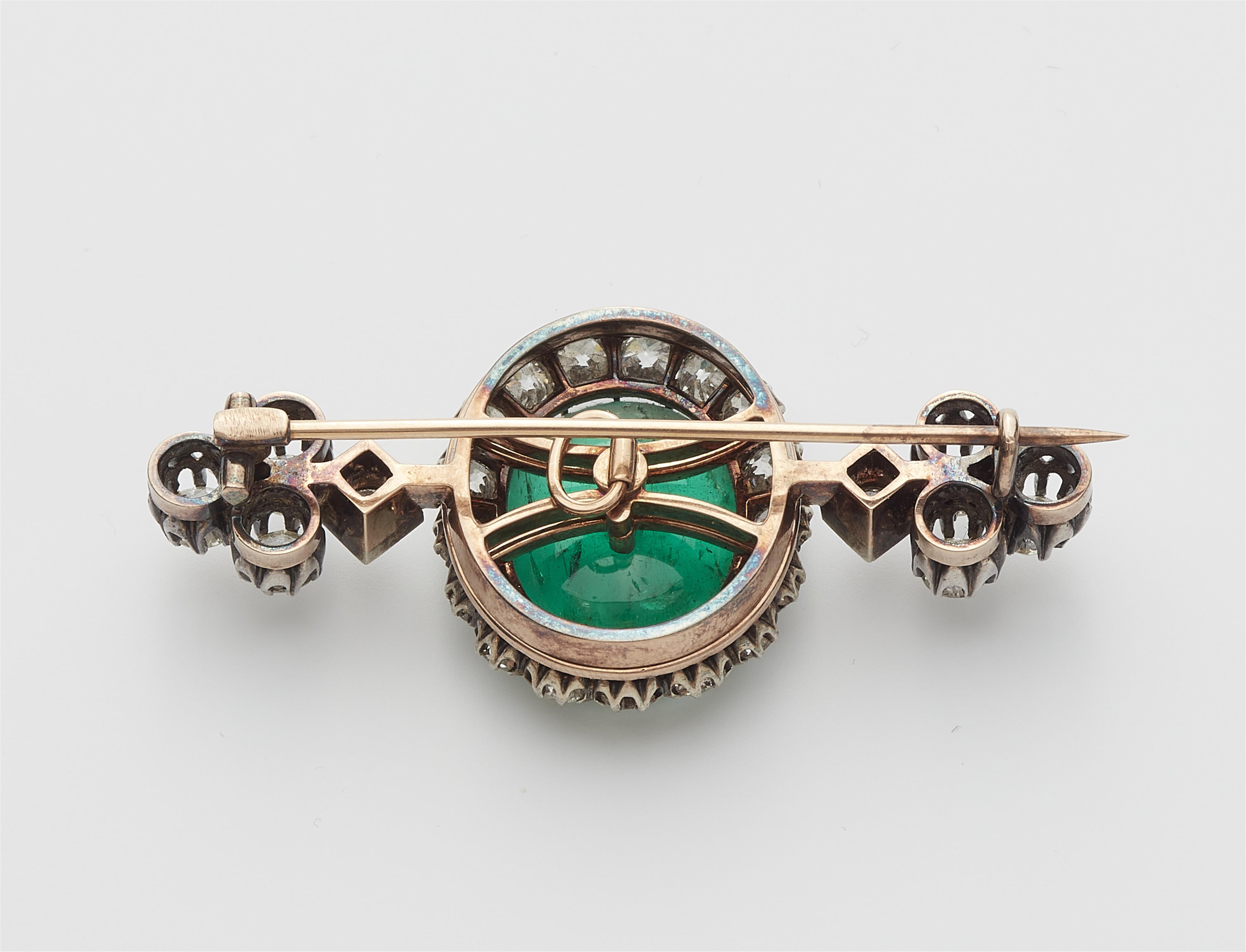 A late 19th century 14k gold and diamond pin brooch with a detachable fine emerald. - image-2