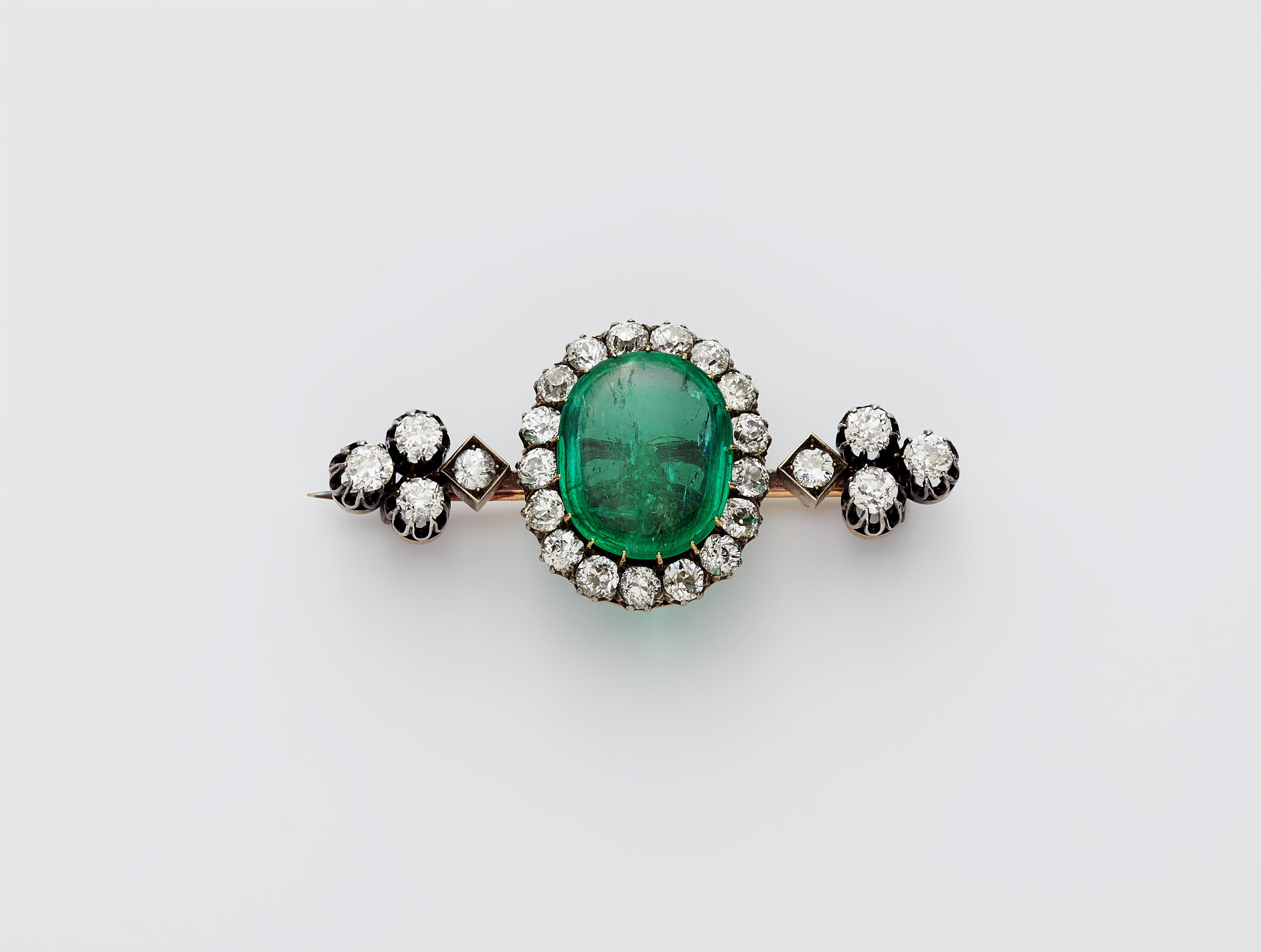 A late 19th century 14k gold and diamond pin brooch with a detachable fine emerald. - image-1