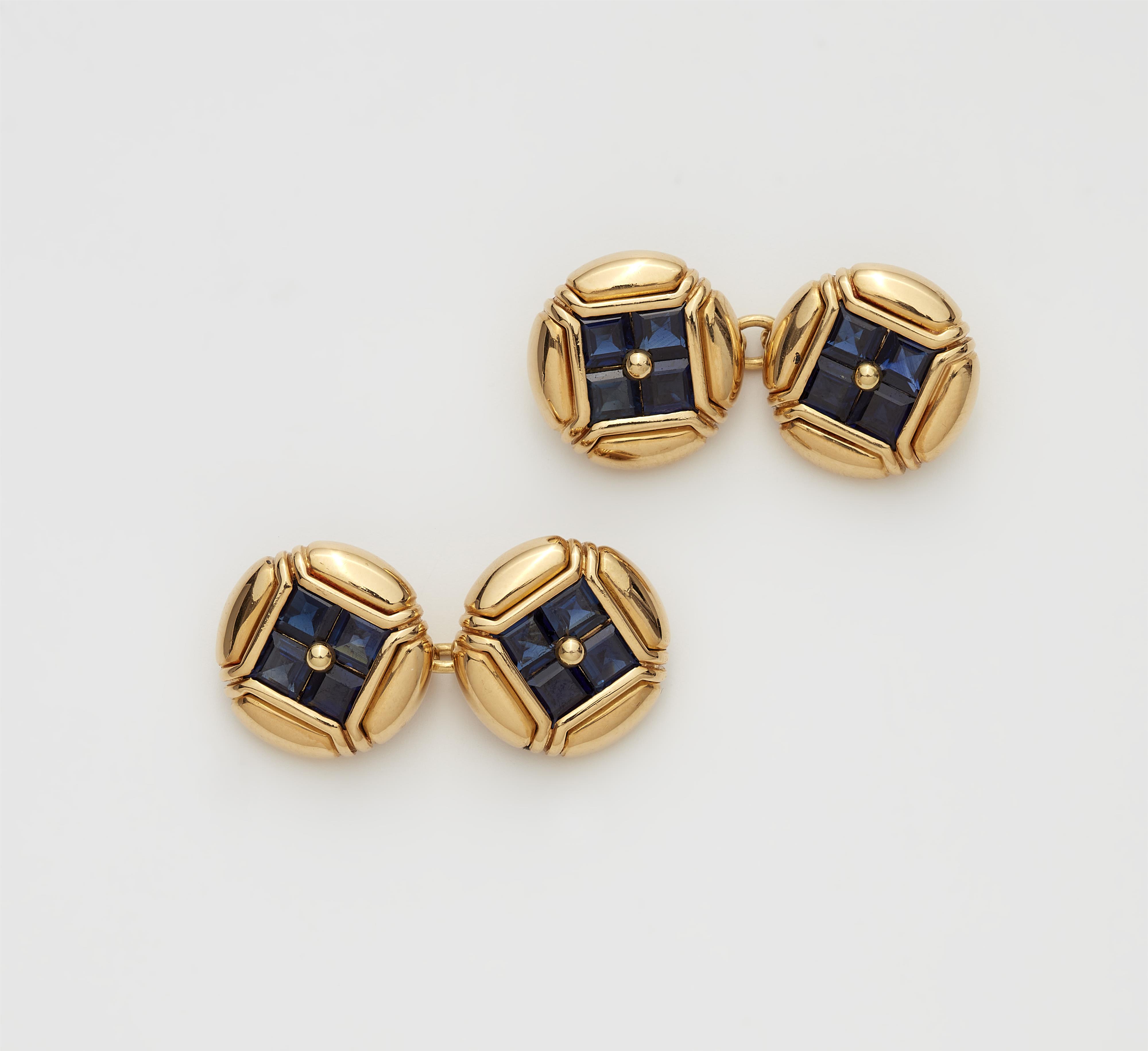 A pair of Italian 18k gold and square-cut sapphire cufflinks. - image-1