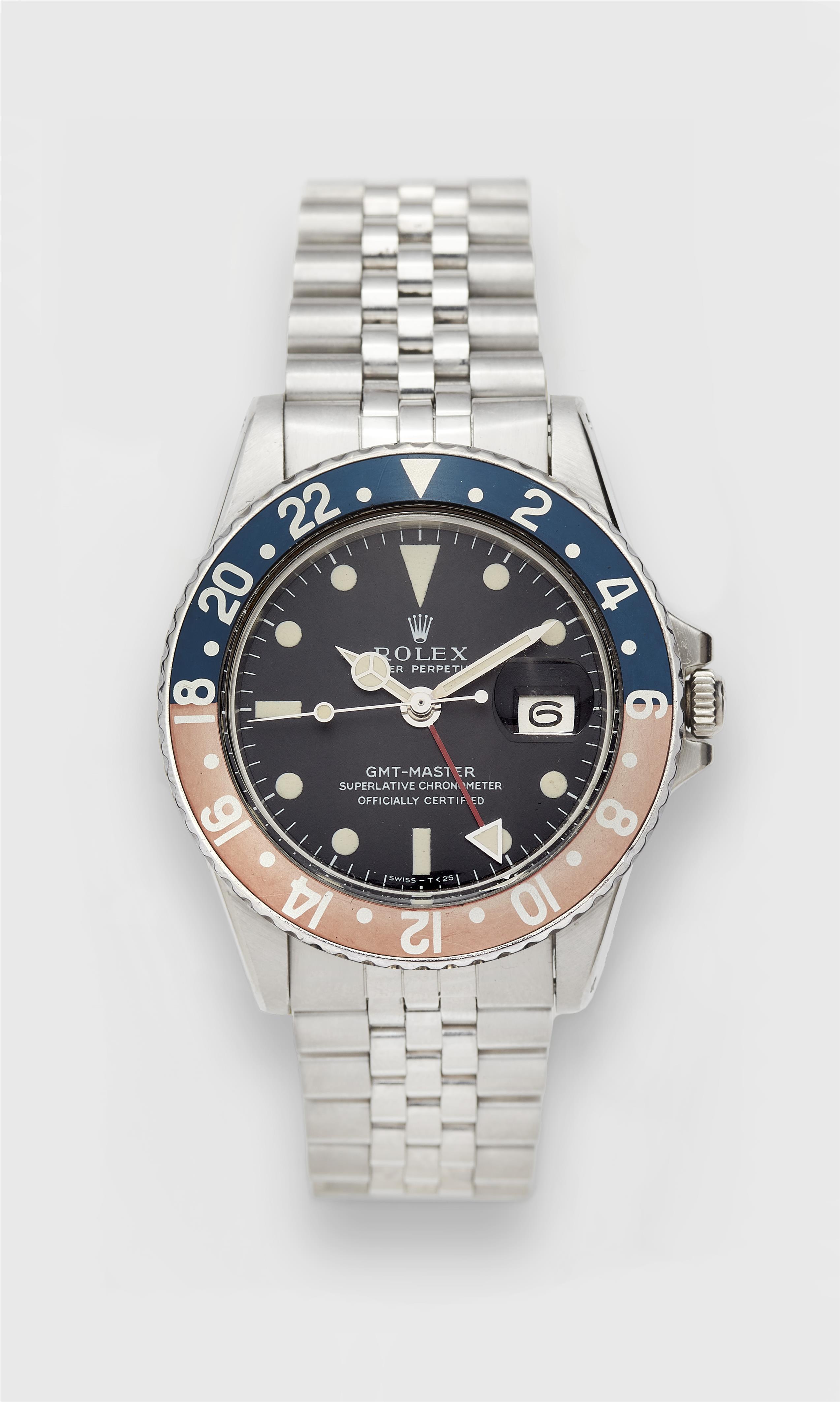A stainless steel Rolex GMT Master Pepsi "Long E" wristwatch Ref. 1675. Non original Rolex box, exchangeable black bezel, replacement glass with sealing ring, hangtag, two strap pins, punched chronometer certificate and instructions enclosed. - image-1