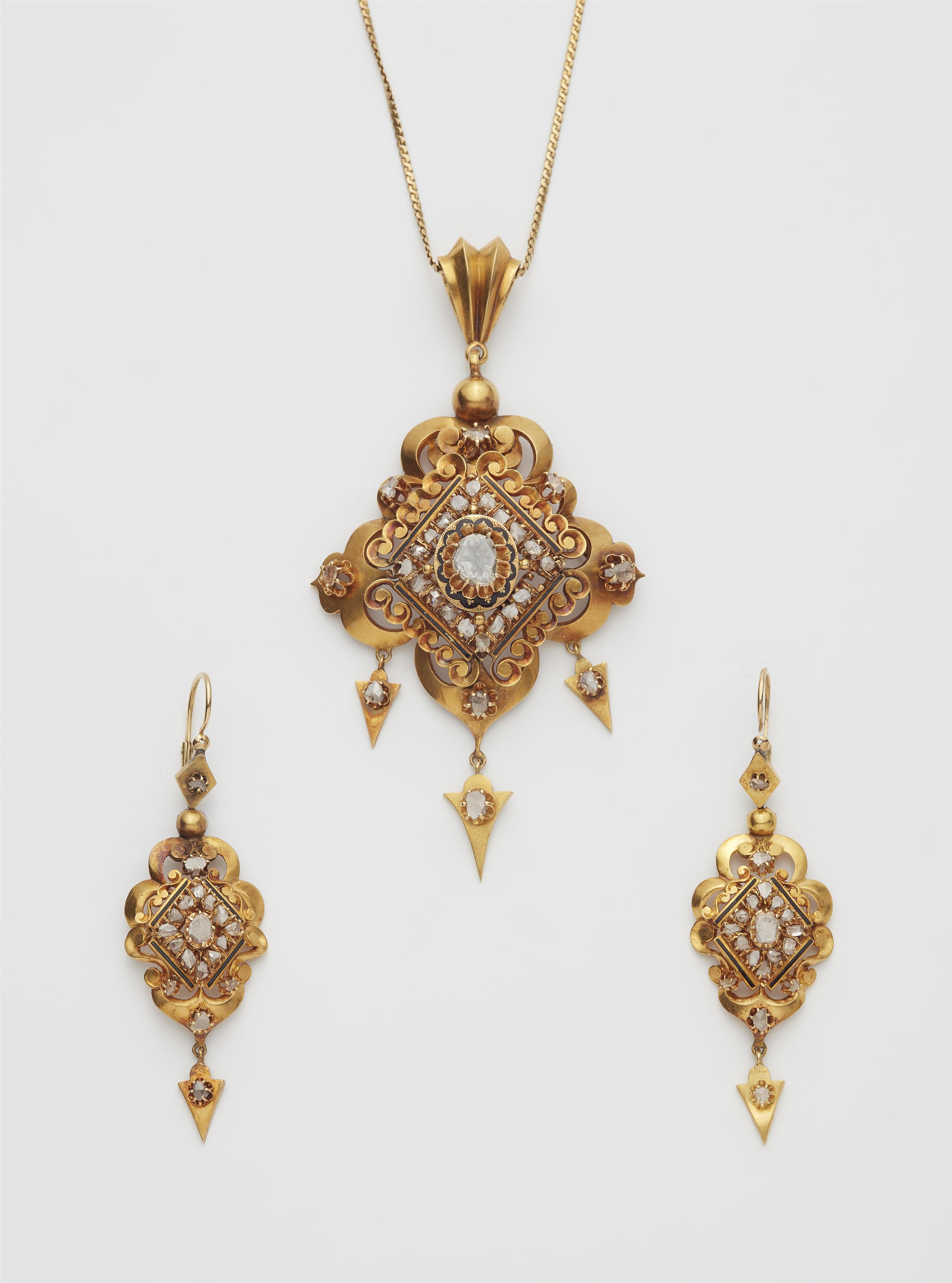 An Italian 18k gold black enamel and diamond historicist pendant brooch and pair of earrings. - image-1