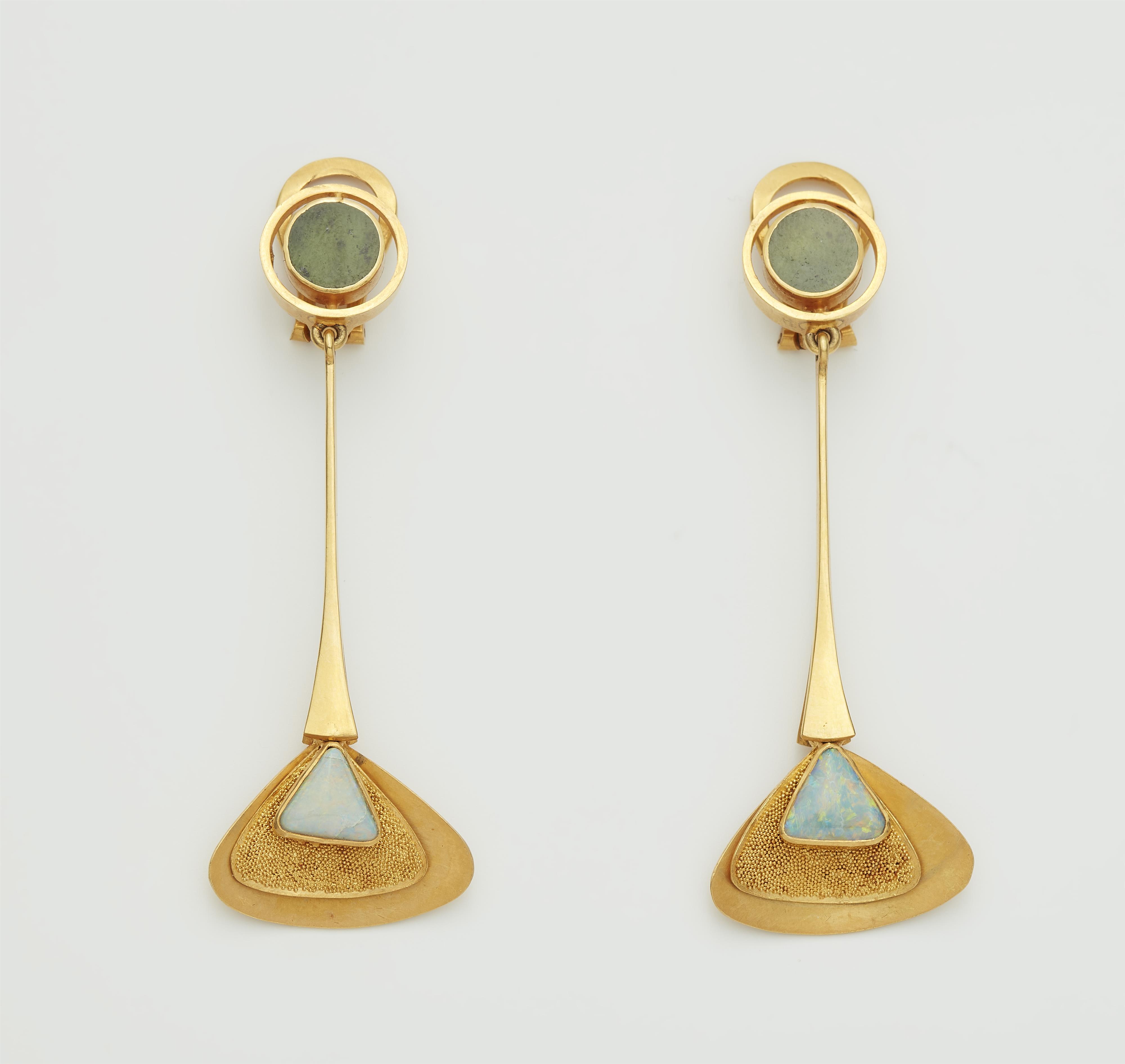 A pair of German 18k gold opal and granulation earrings. - image-1