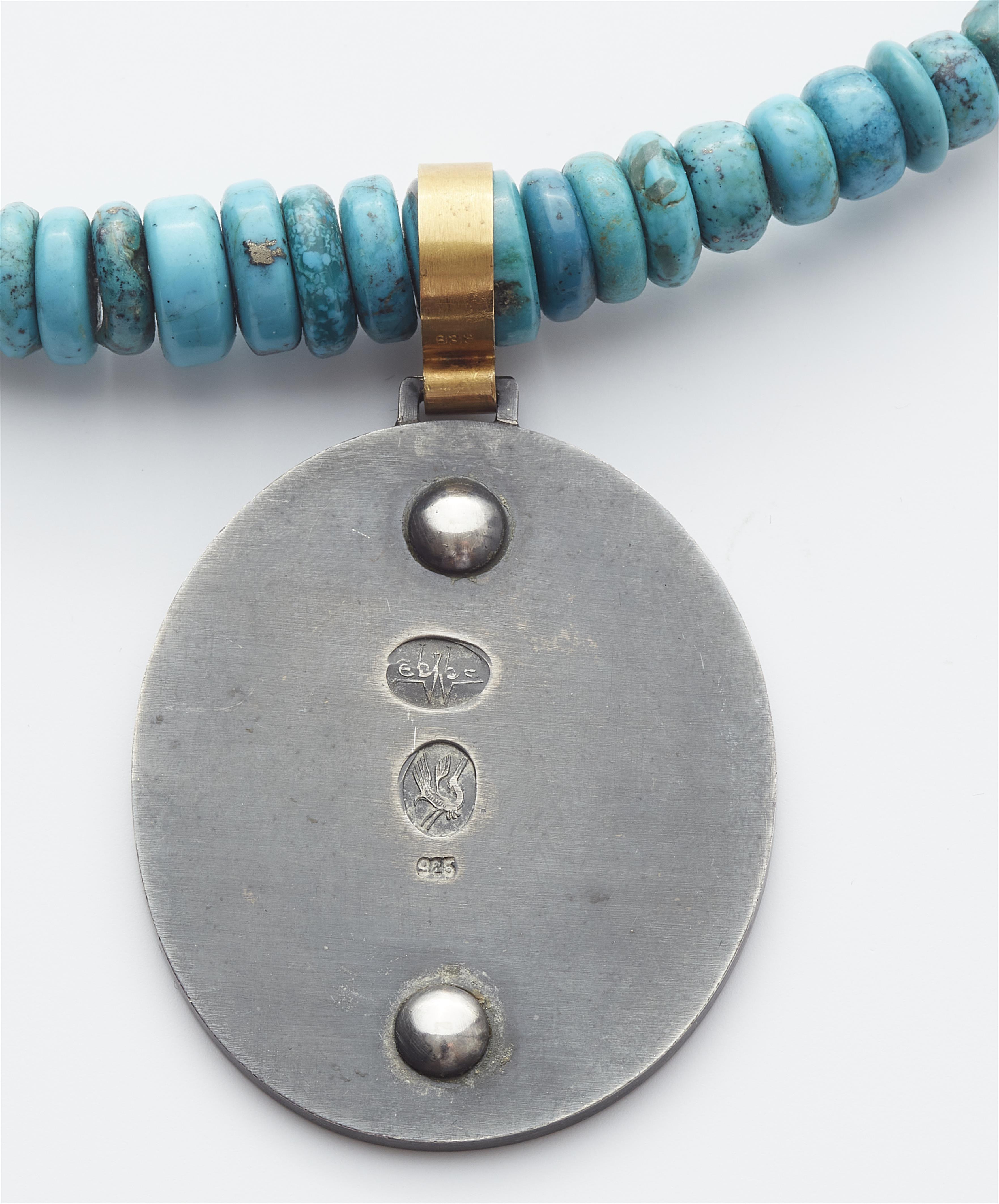 A custom made oxydised silver, gold and Tibetan turquoise pendant necklace. - image-2