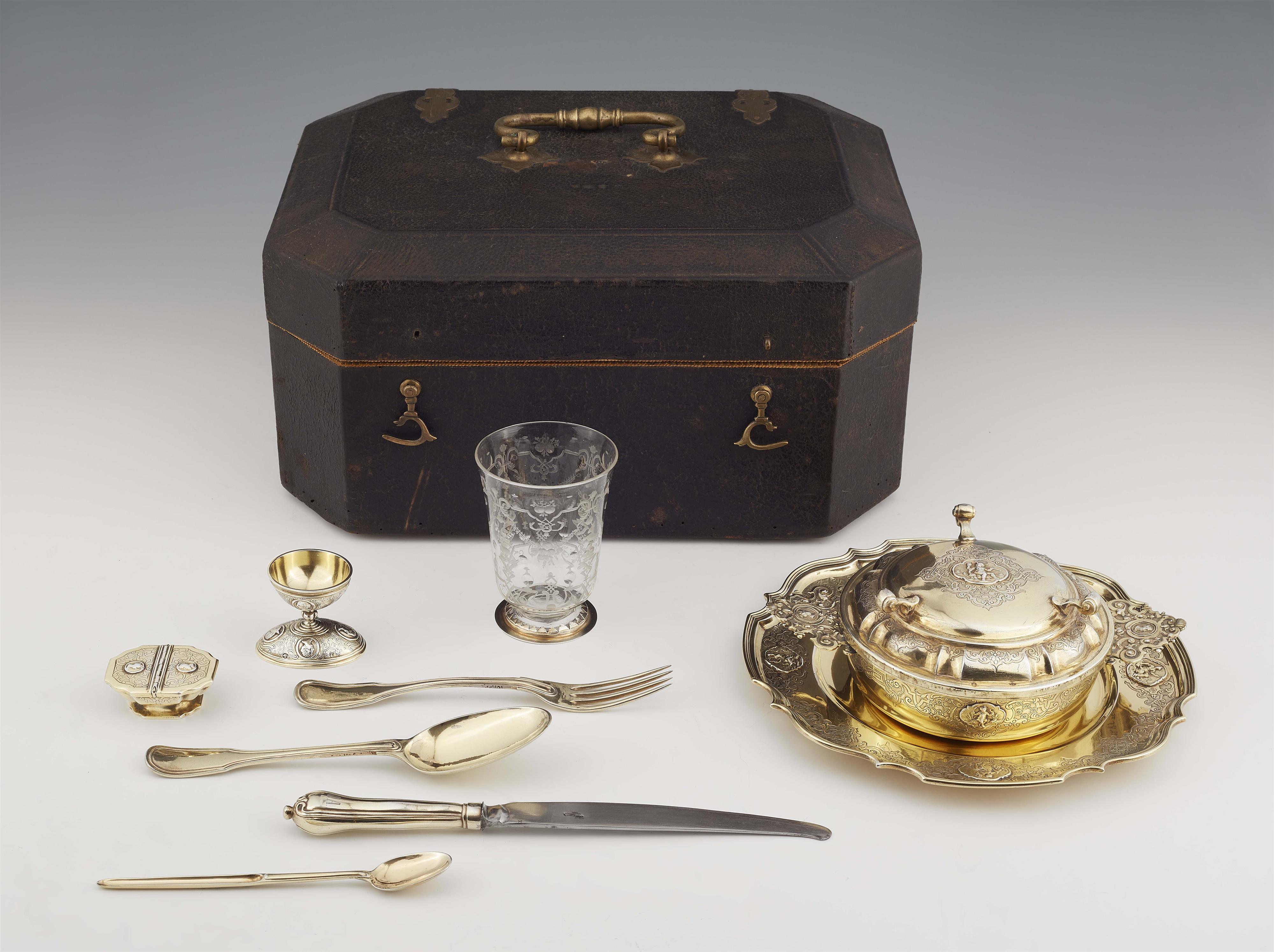 An Augsburg silver gilt travel service in a fitted case - image-2