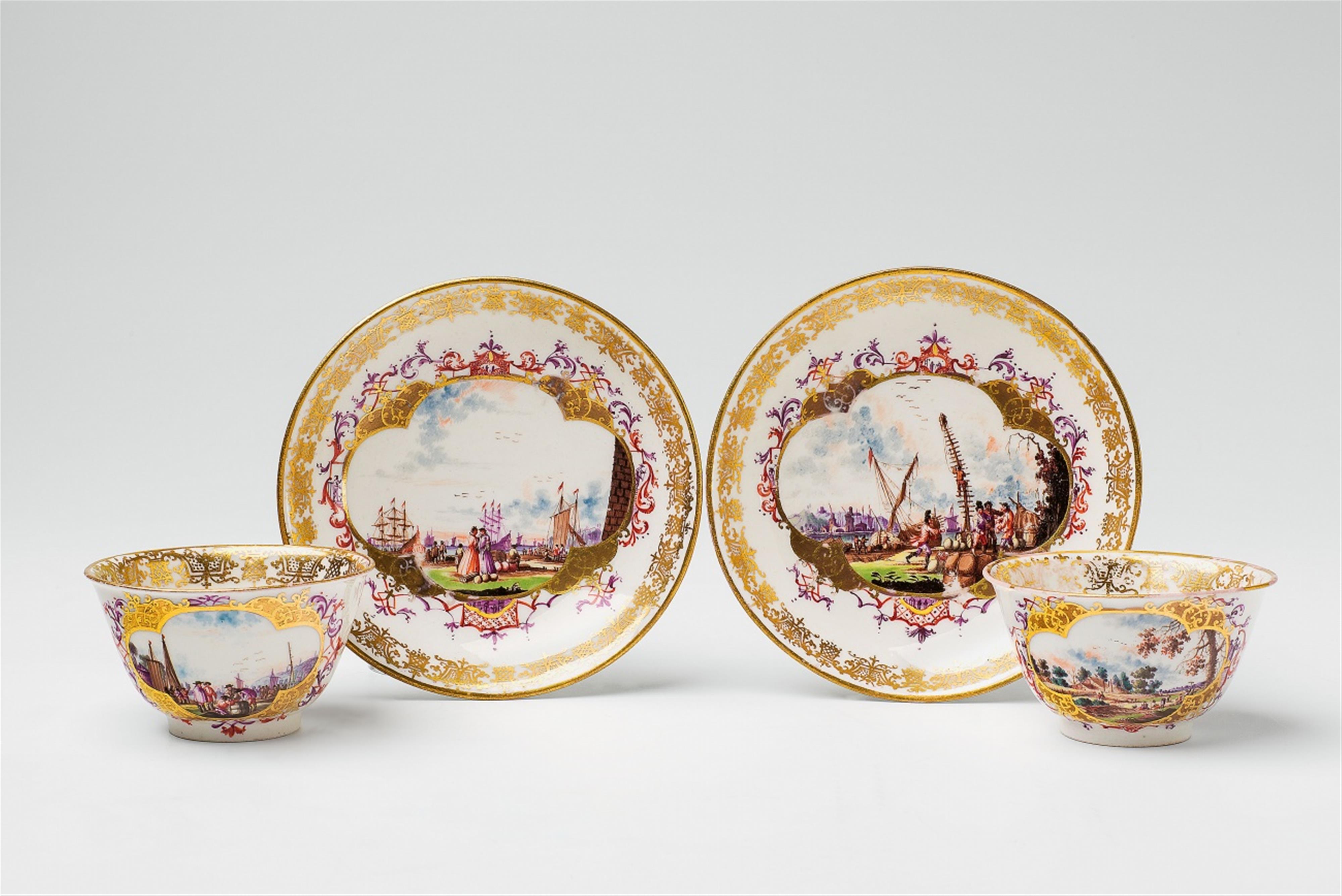 Two Meissen porcelain koppchen and a pair of saucers with merchant navy scenes - image-1