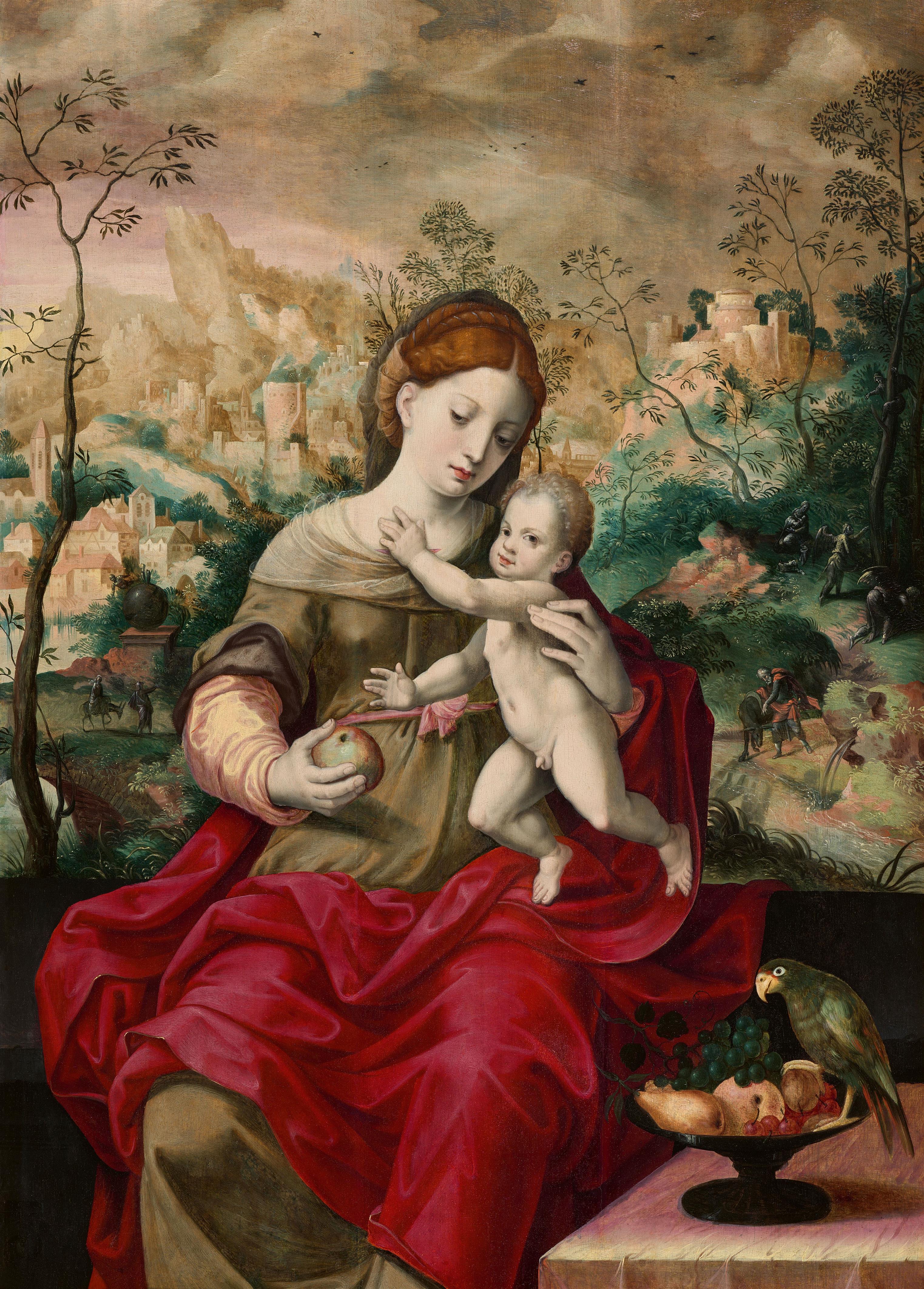 Meister des Verlorenen Sohnes, zugeschrieben - Madonna und Kind vor einer Landschaft. Im Hintergrund die Rast auf der Flucht nach Ägypten - image-1