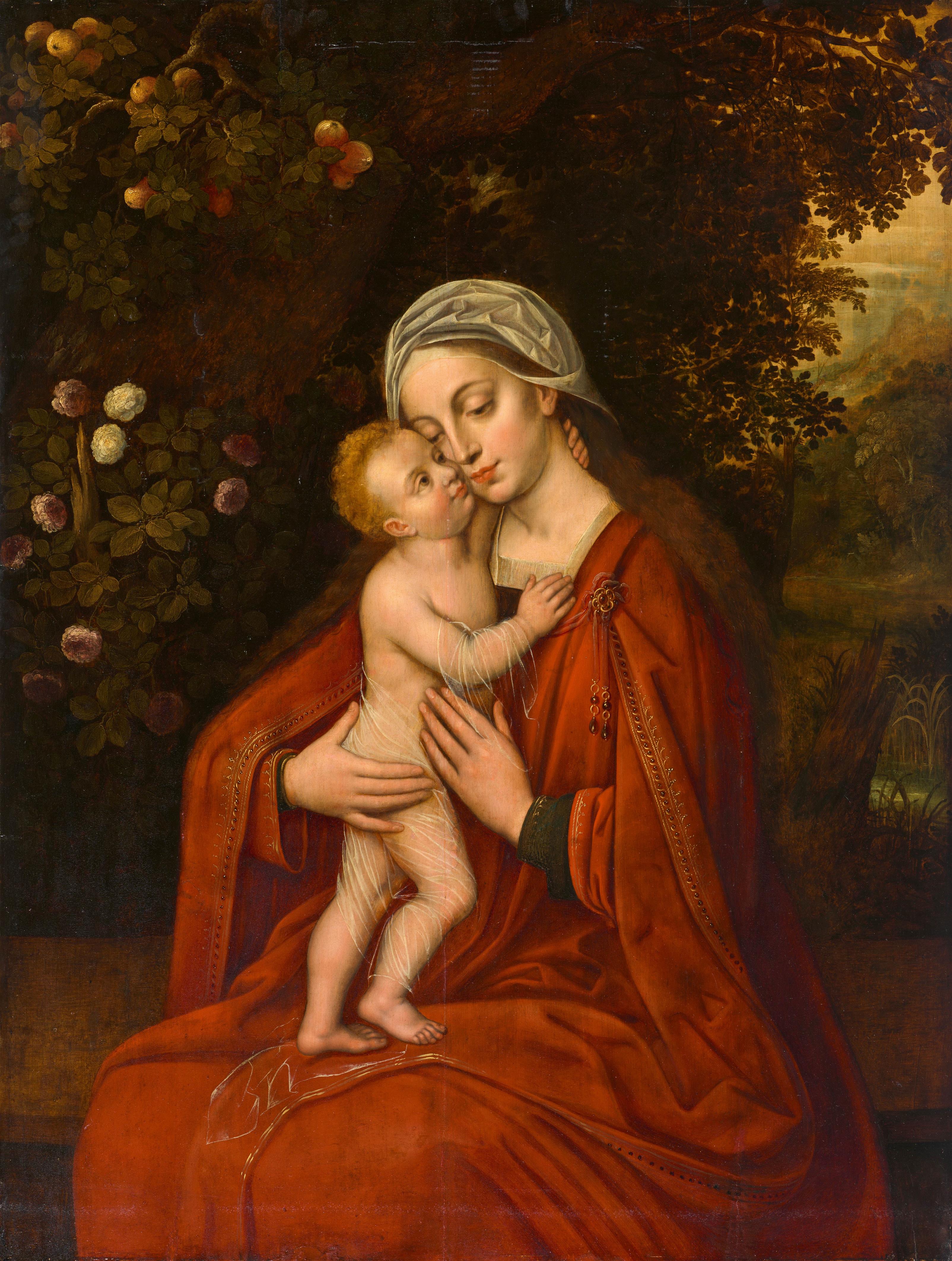 Bruges School second half 16th century - Madonna embraced by the Christ Child in front of a Rose Bush - image-1