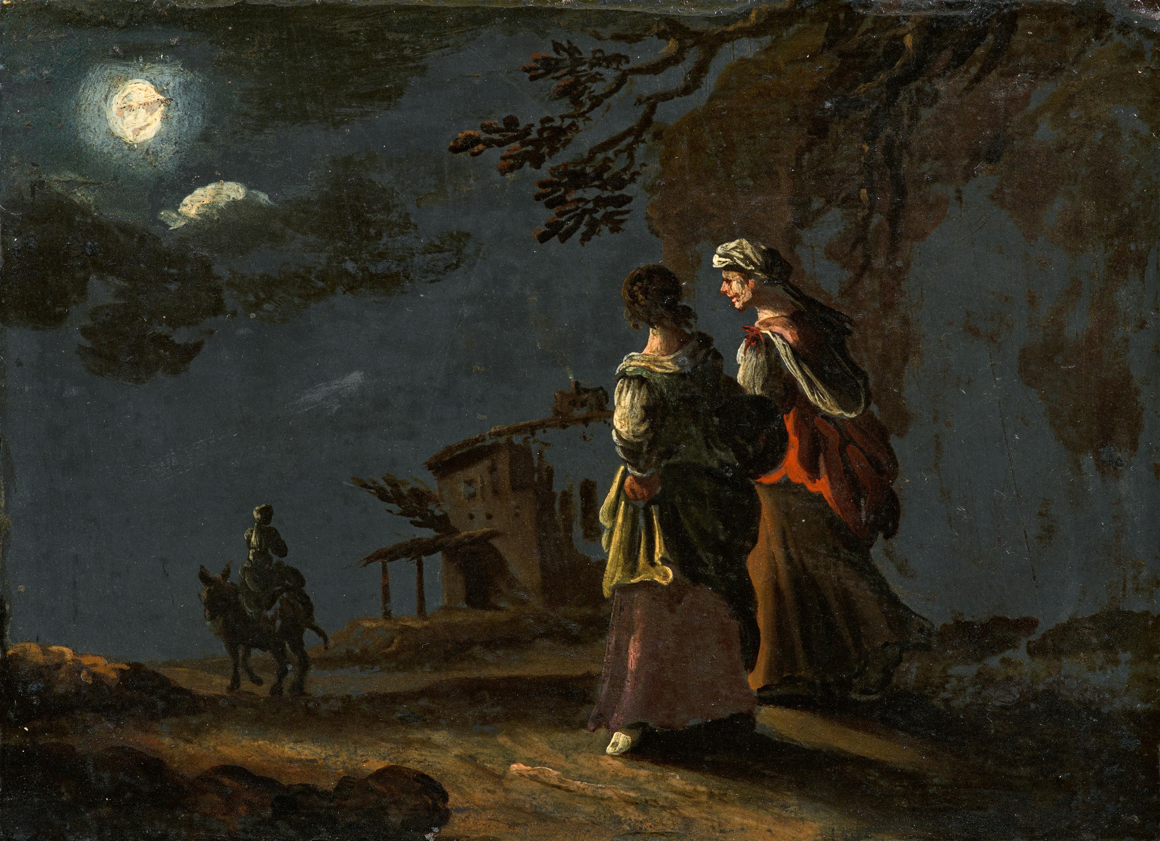 Leonaert Bramer - Landschaft mit zwei Frauen und einem Esel bei Mondschein - image-1