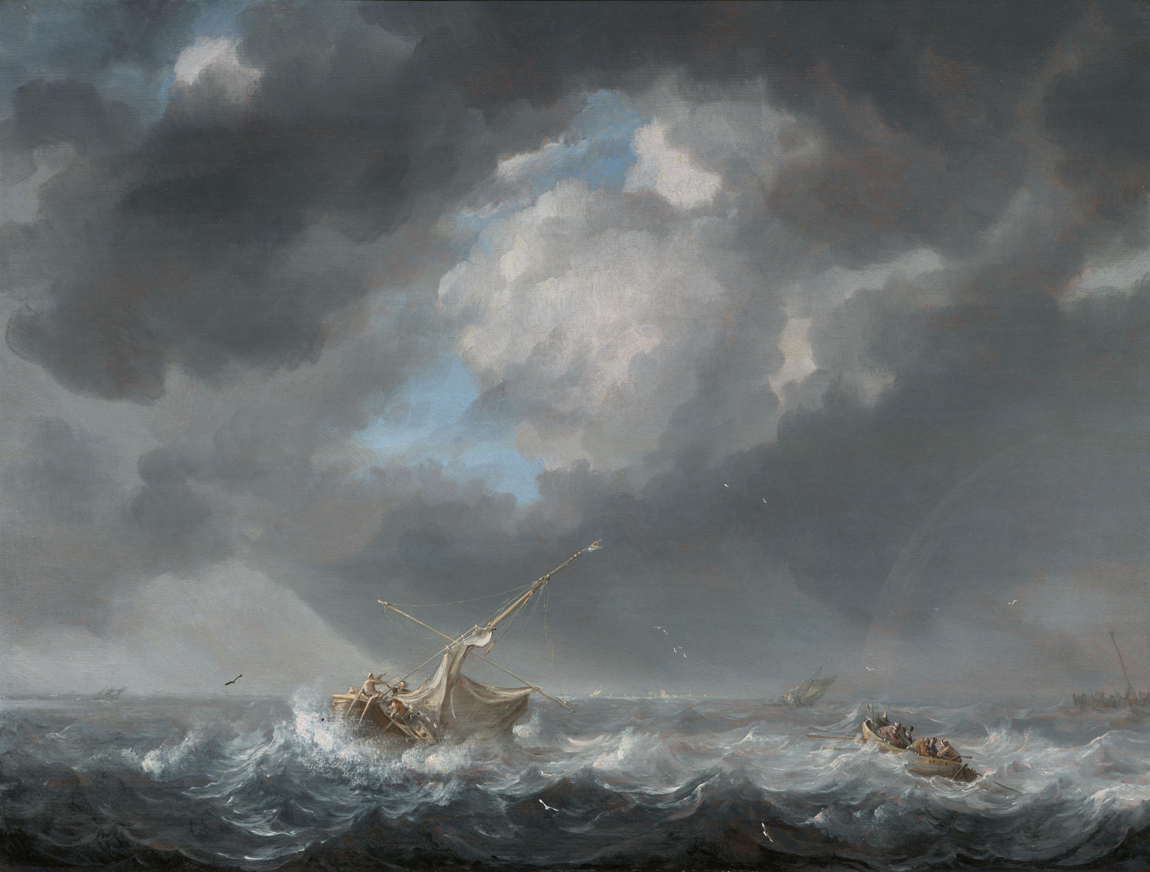 Julius Porcellis - A Sailing Boat, a Rowing Boat and other Ships on Rough Seas by a Pier - image-1