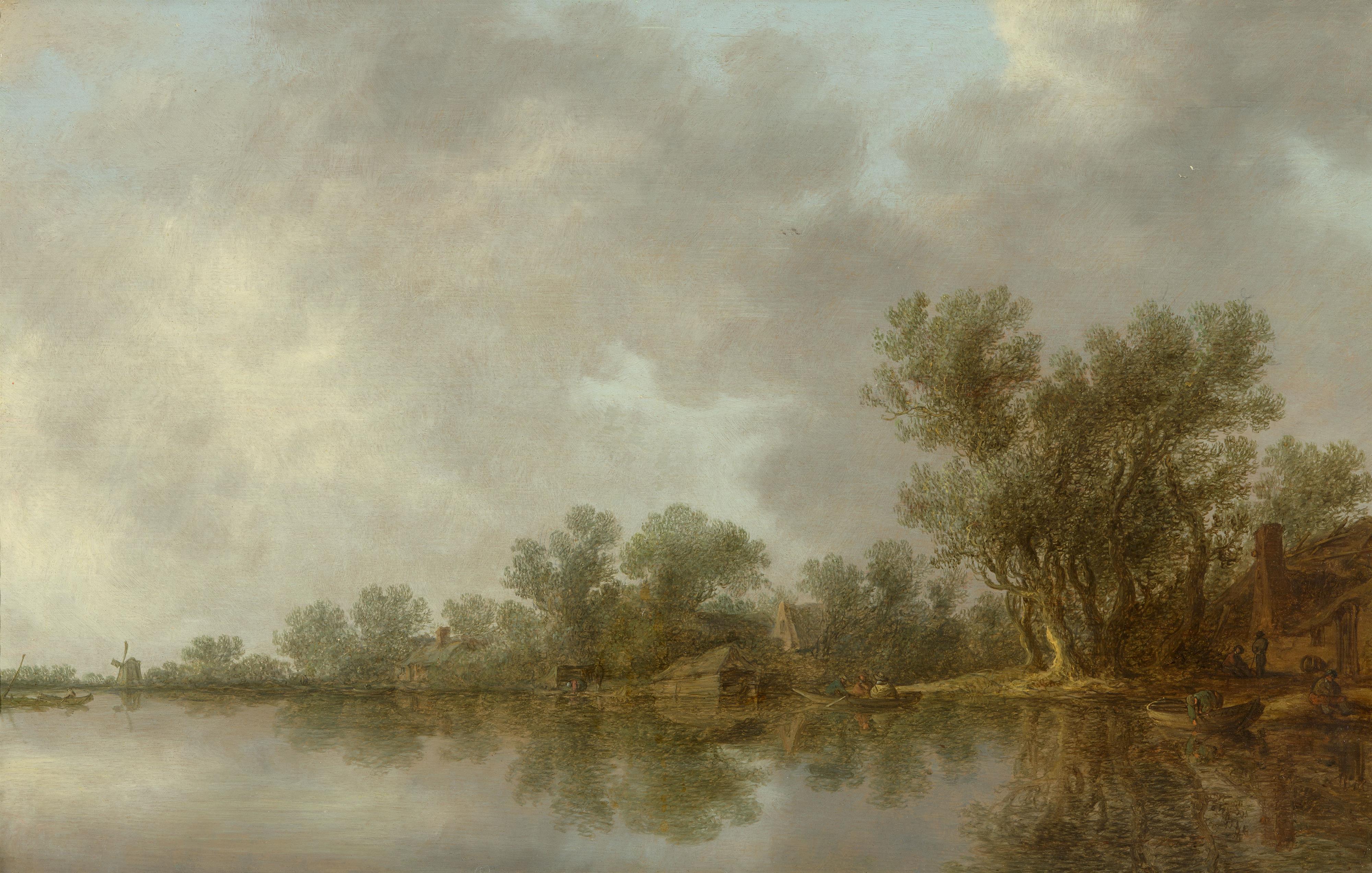 Jan van Goyen - River Landscape with Cottages and Trees - image-1