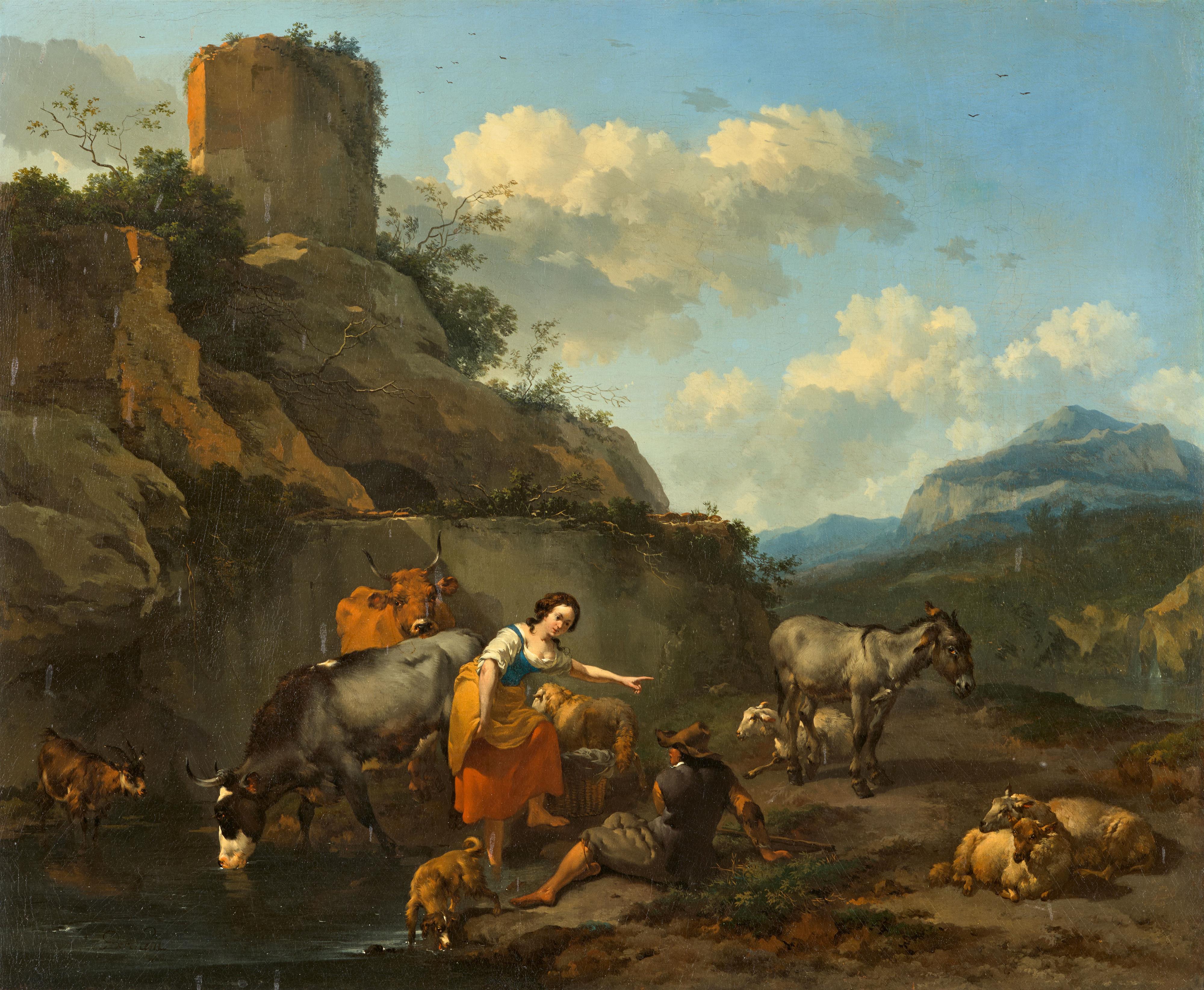 Nicolaes Berchem - Südliche Landschaft mit Hirten und ihren Tieren - image-1